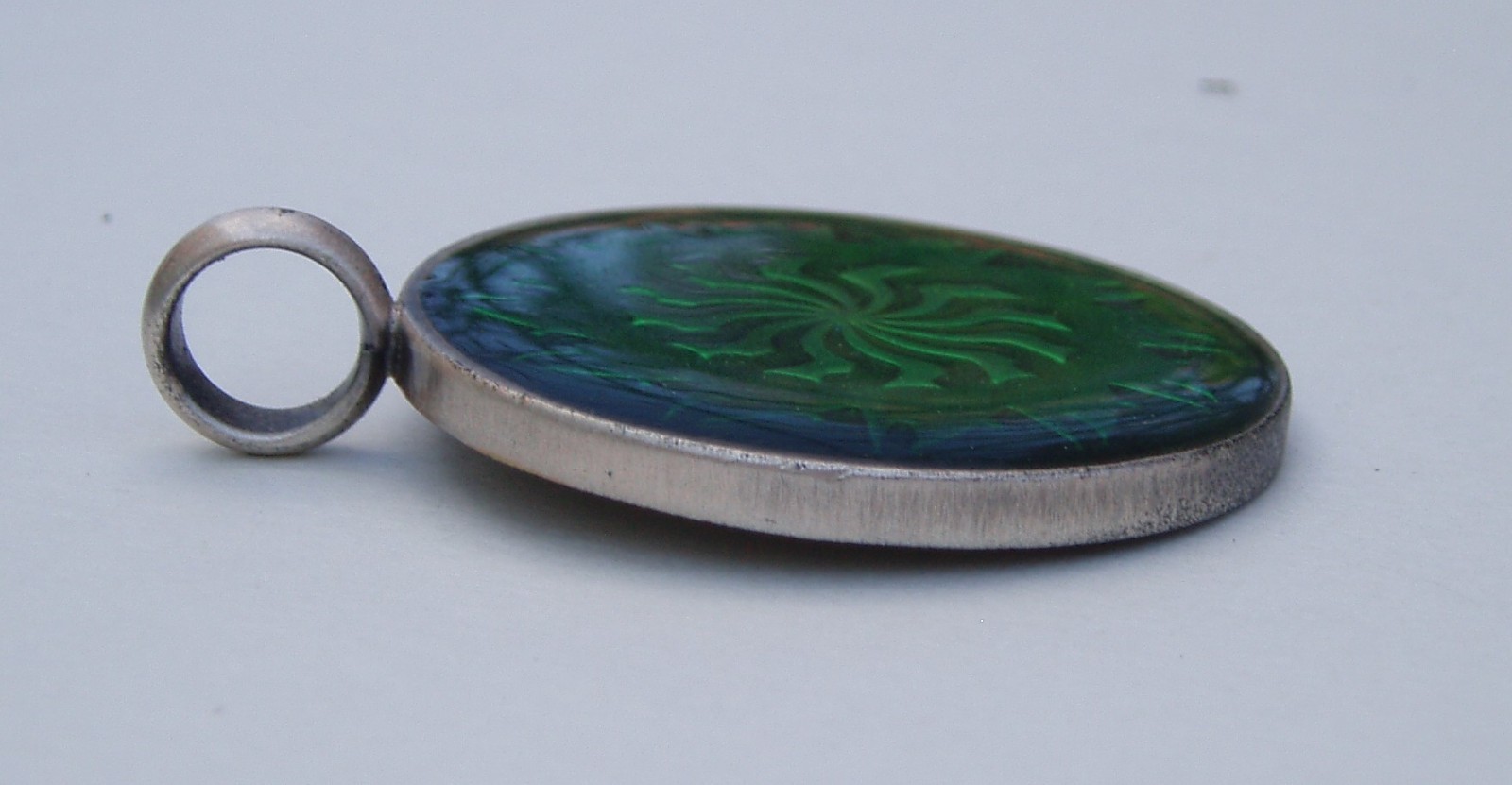 2 Vintage Pendants Epoxy Resin Pewter Metal Large Blue Floral & Green Sun Burst