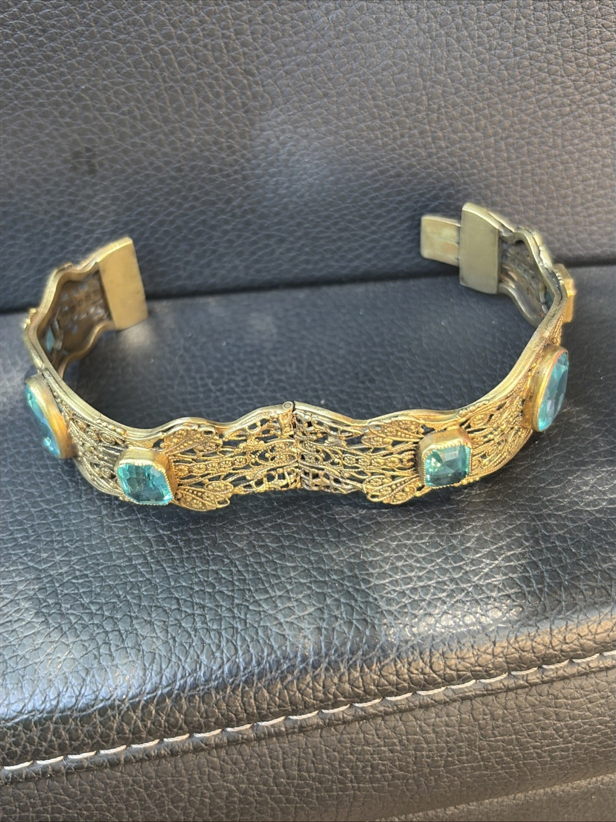 Vintage Brass Cuff Bracelet Blue Stones and Fine Filigree Design