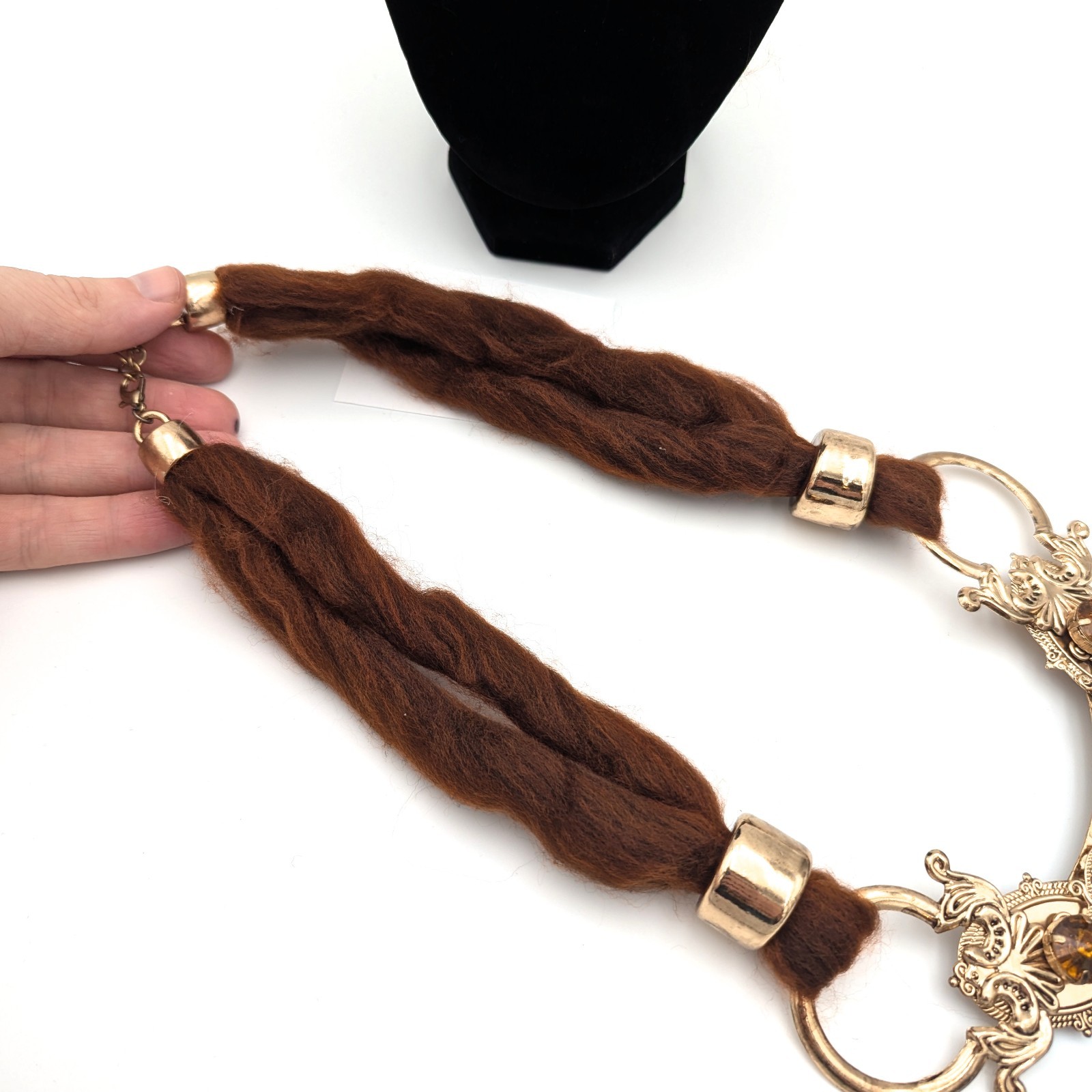 Vintage Victorian Revival Necklace Handmade Macrame Beaded Gold Egyptian Amber