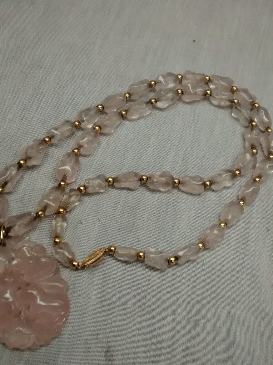 Stunning antique art deco Chinese carved rose quartz 14k gold beads necklace