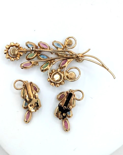 Vintage Brooch Earring Set Pastel Floral Spray Rhinestone 1950s