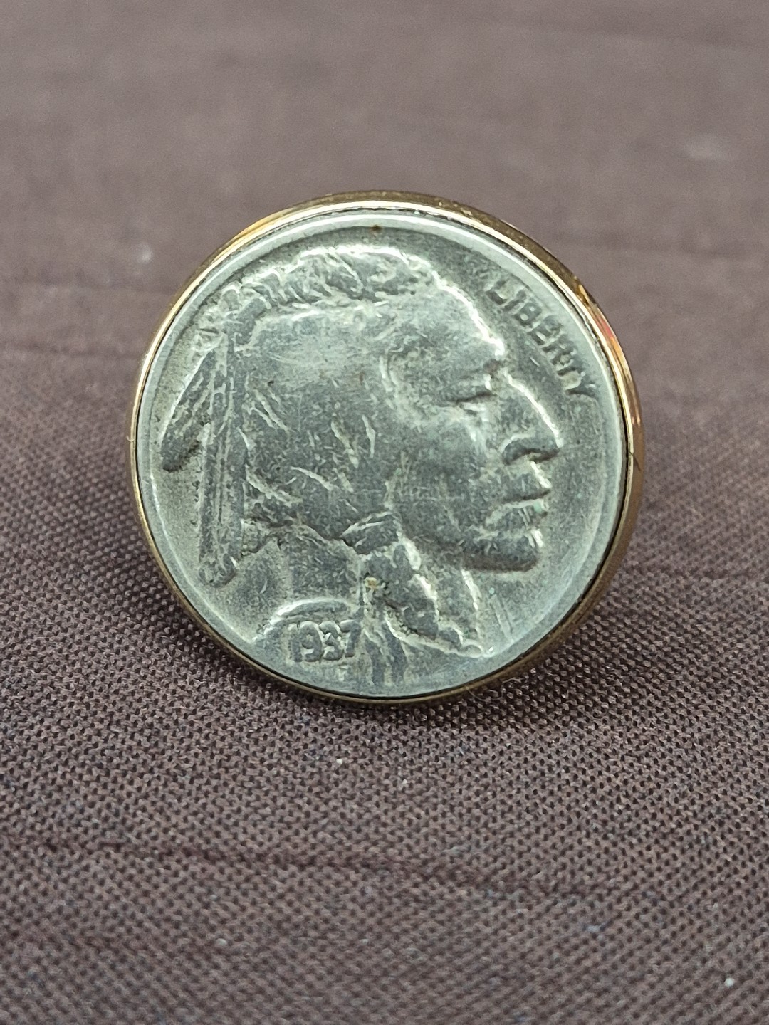 1937 Cufflinks Buffalo Indian Head Nickel Coins Set in Goldtone Bezel Mounting