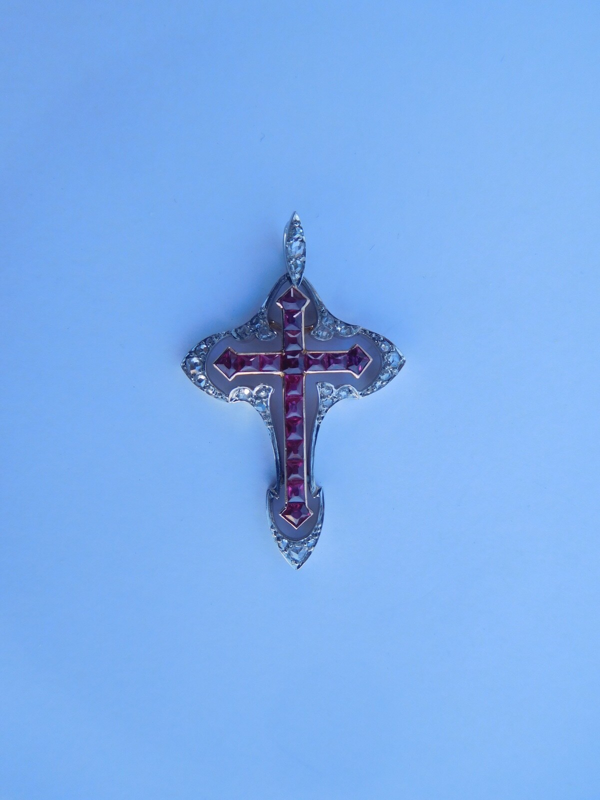 Belle Époque Art Nouveau 18K Rose Gold Platinum Diamonds Rubies Cross Pendant 🥀