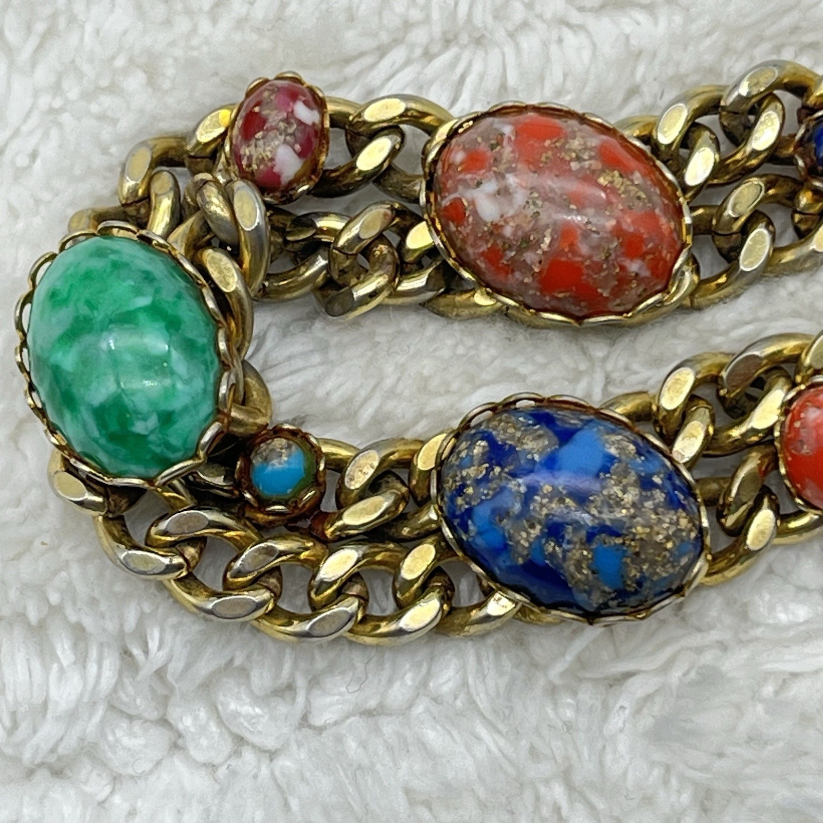 Vintage Marbled Art Glass Bracelet Gold Tone Chain Colorful Fits 6.25″ Wrist