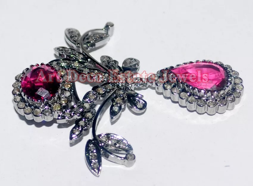 2.10ct Rose Cut Diamond 925 Sterling Silver Ruby Antique Victorian Look Pendant