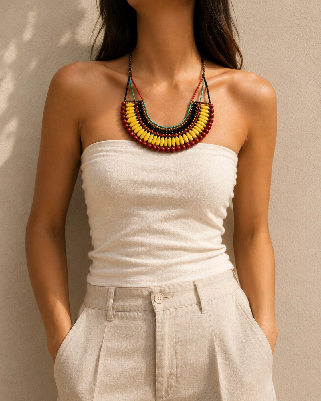 Vintage Tribal Statement Necklace Multicolor Beaded Bib Boho Ethnic Choker