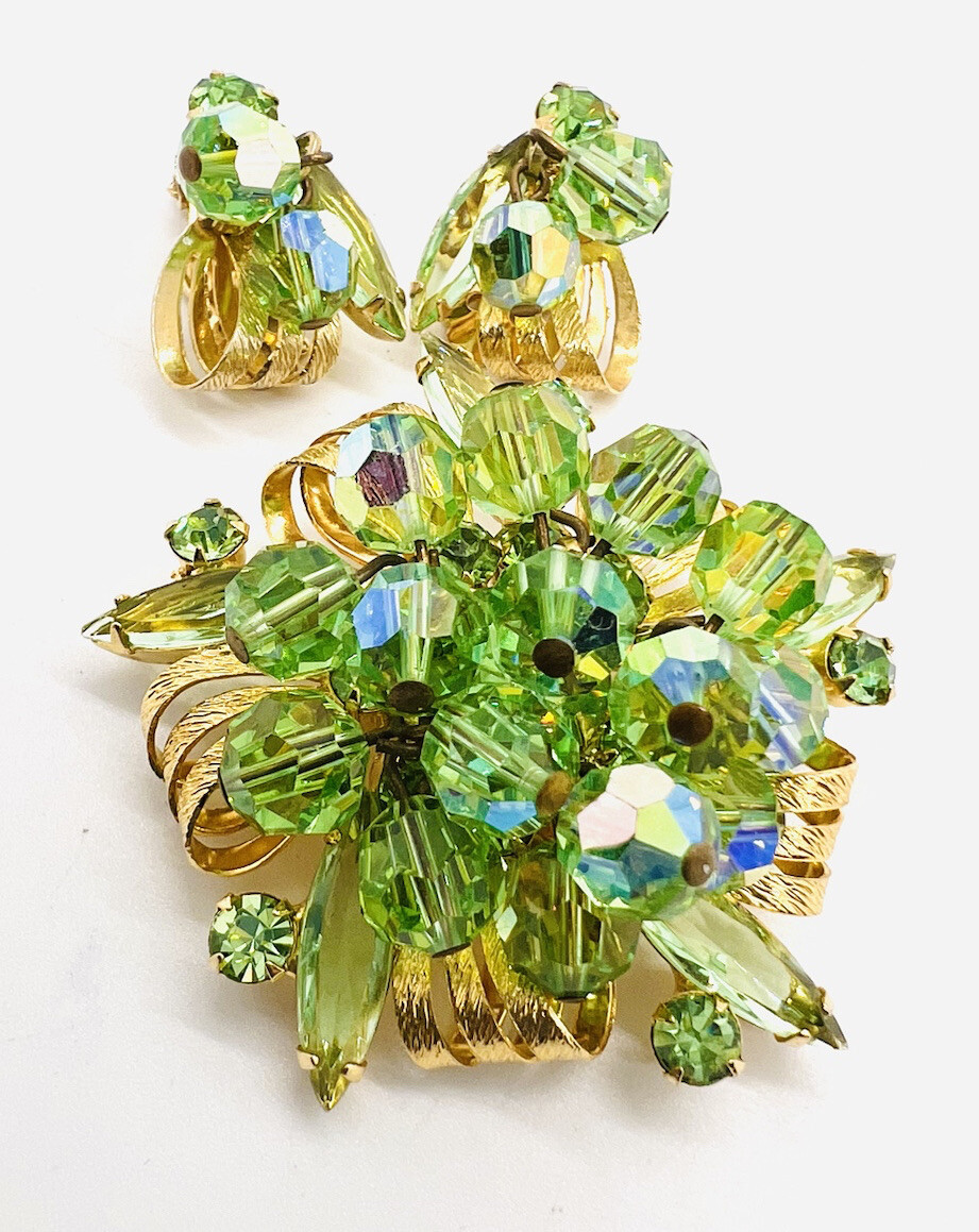JULIANA Delizza Elster URANIUM GLASS Rhinestone Brooch Earrings Vintage Jewelry