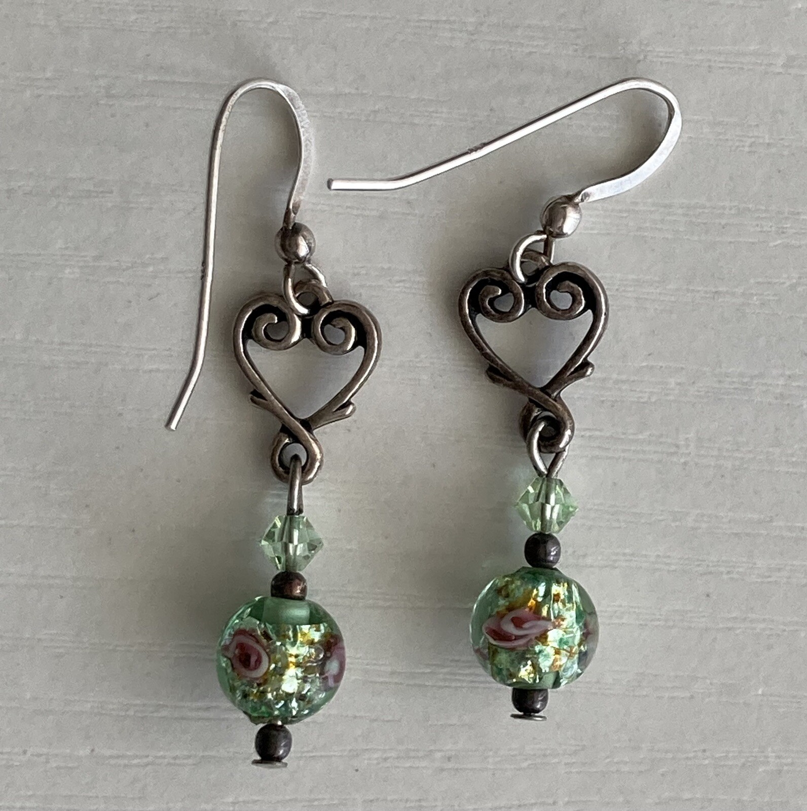 Sterling Silver Heart Round Glass Bead Earrings Dangle Drop Green Pink 1.75inch