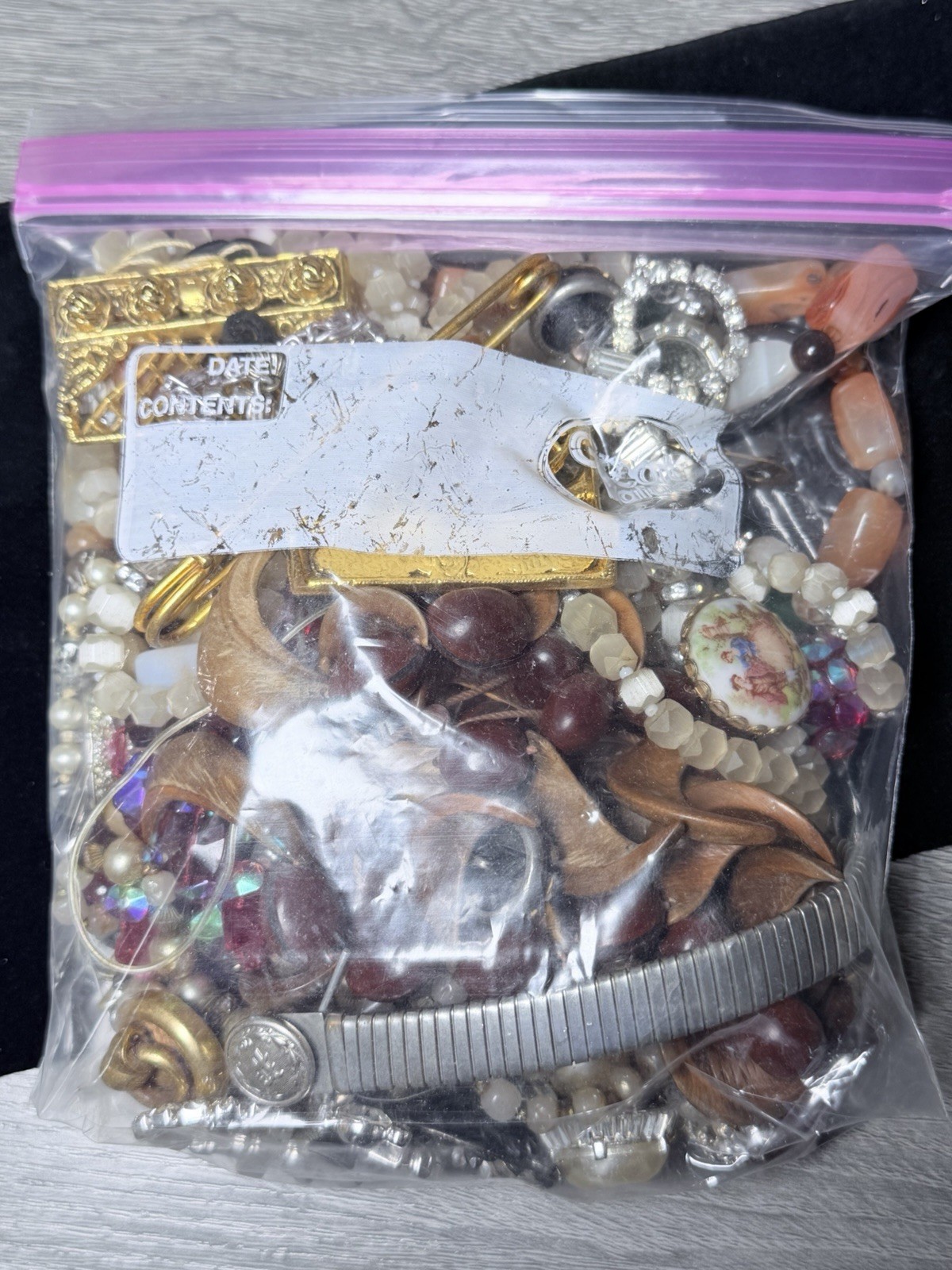 Vintage Mystery Jewelry Lot Boho Tumbled Stone Porcelain Repurpose Craft Upcycle