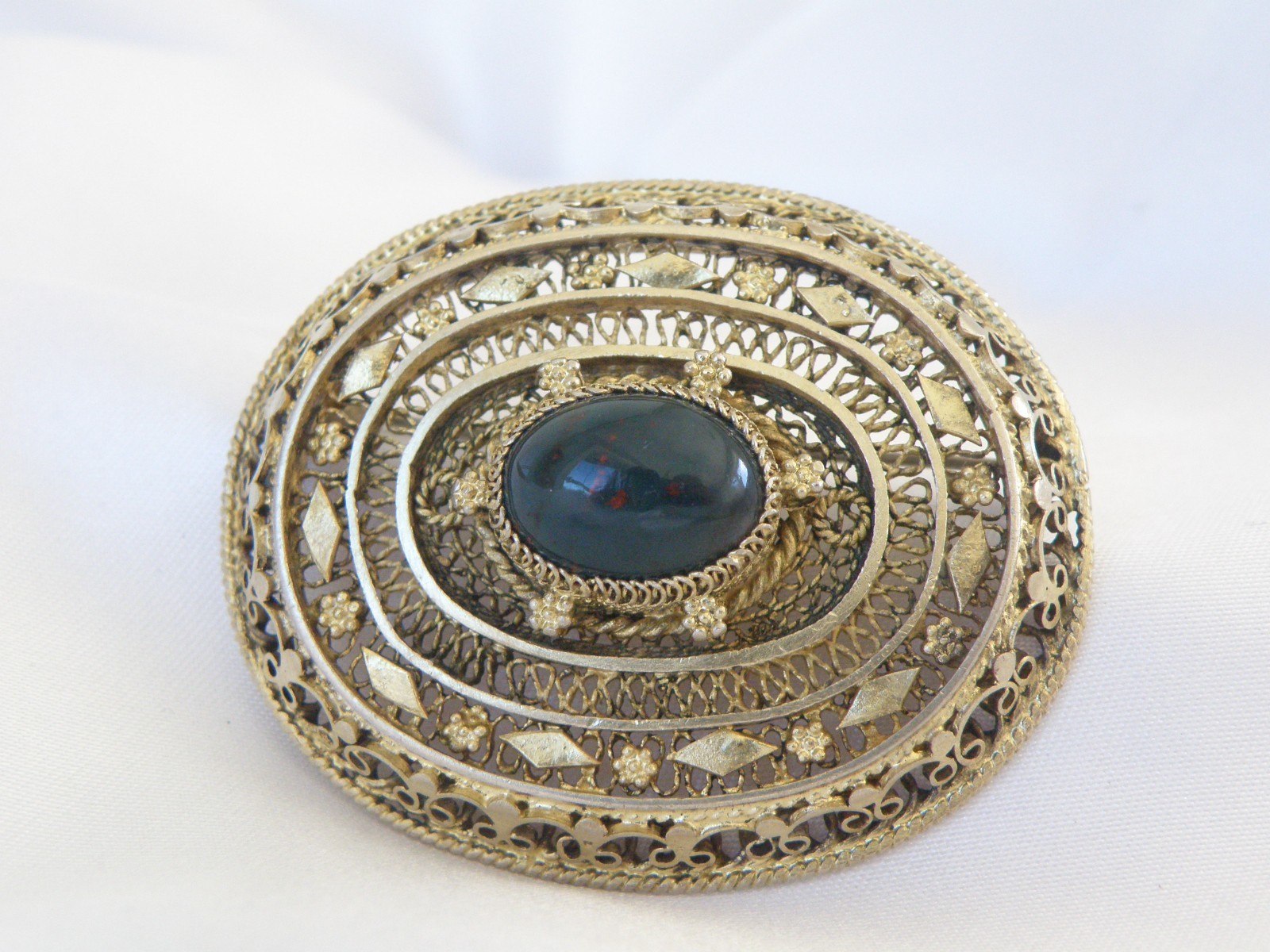 Vintage Silver Gold Plated Natura Bloodstone Large Filigree Brooch