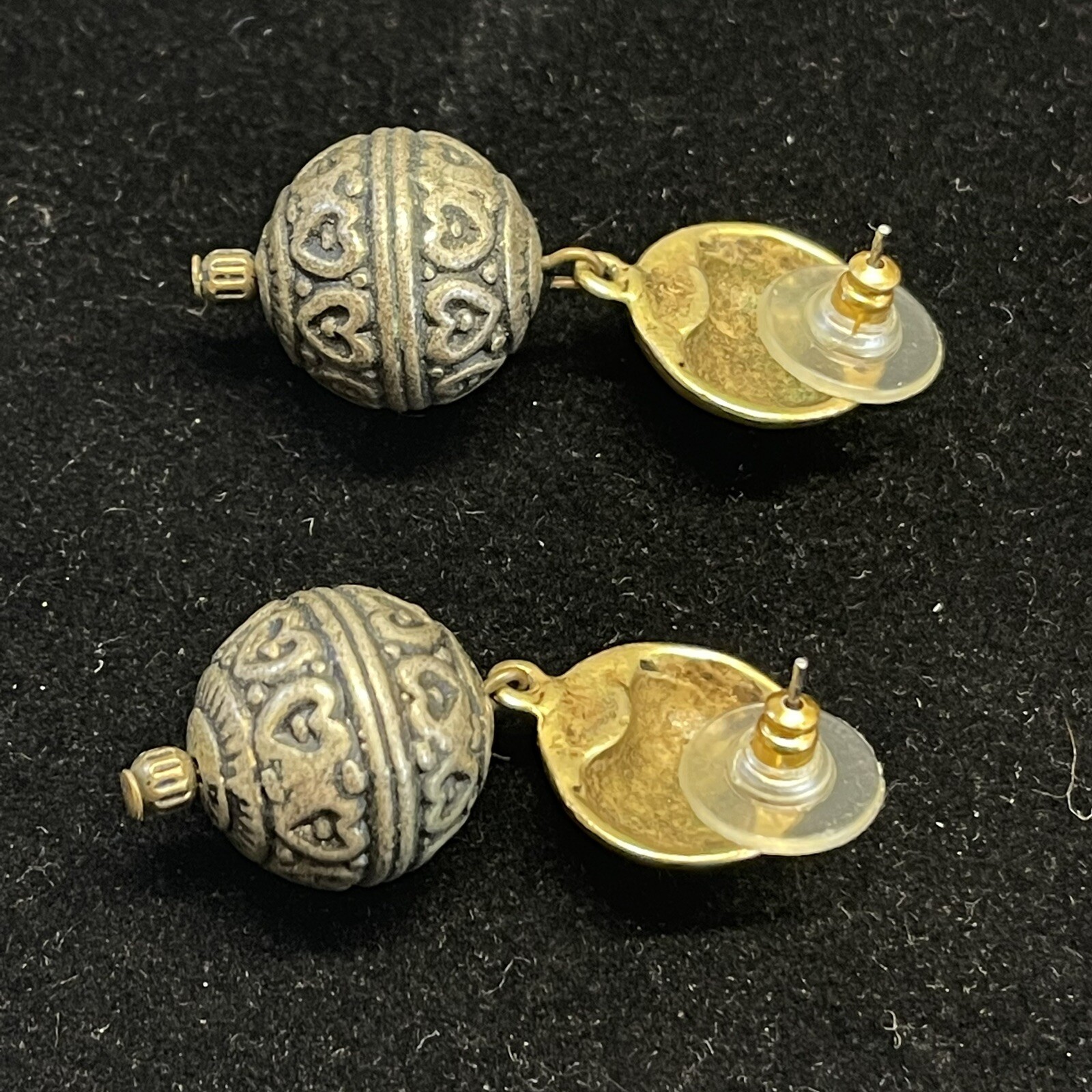 Vintage Gold Tone Swirl Silver Tone Heart Round Sphere Drop Pierced Earrings