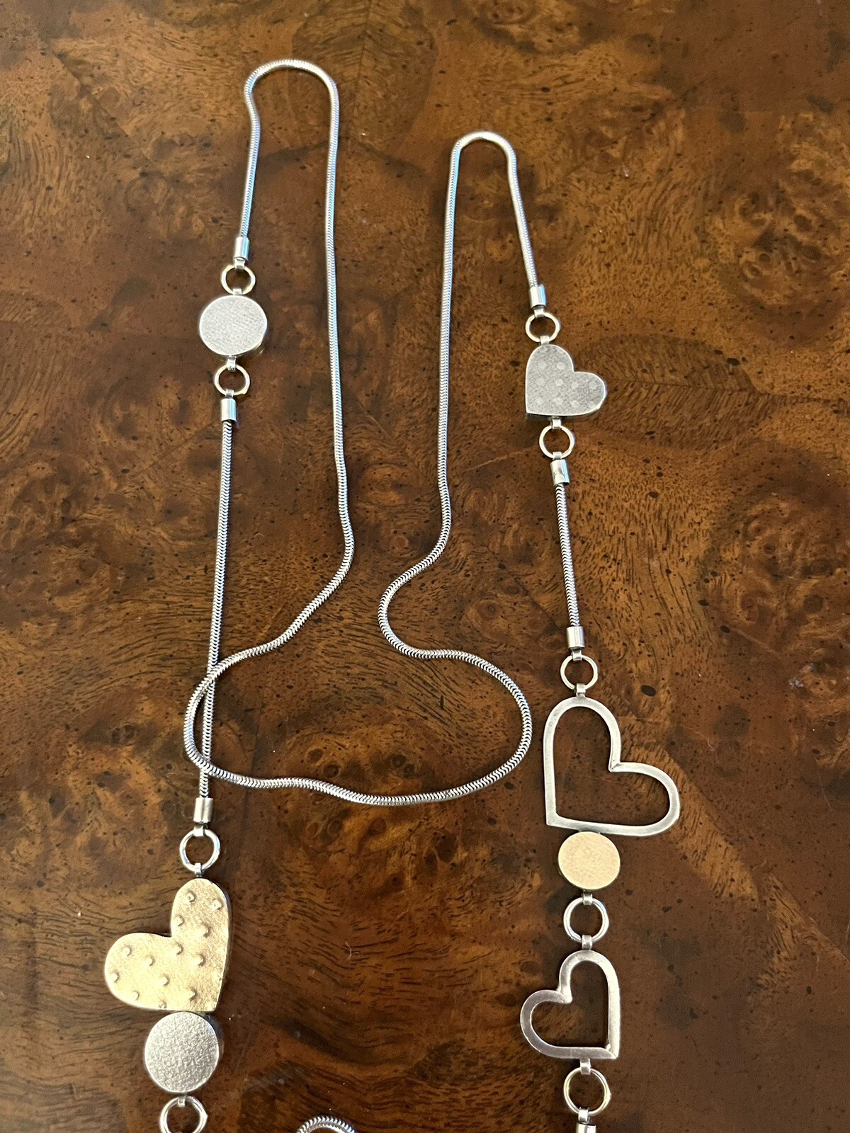 Vtg Estate Mid Century Modernist Textured Sterling Gold Hearts Station Necklace