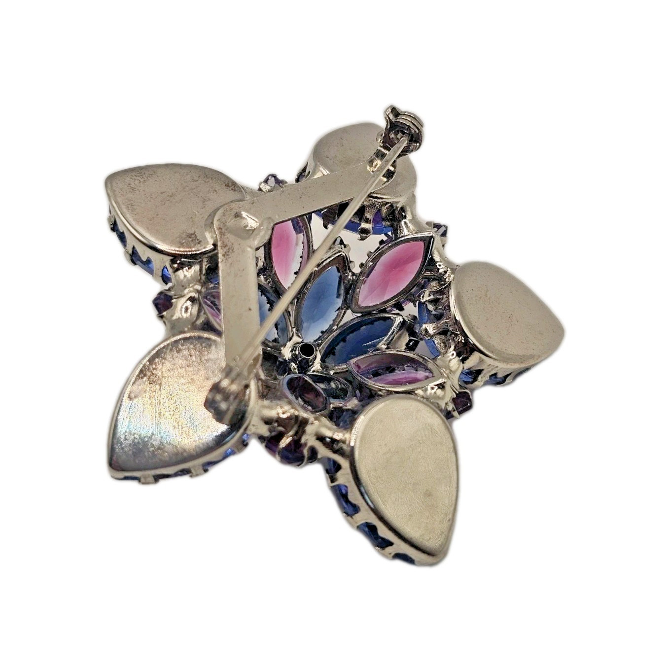 VTG Starburst Domed Purple Blue Pink Vitrail Glass Rhinestone Brooch Silver Tone