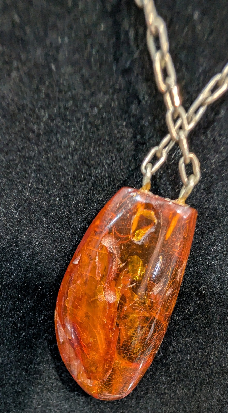 Vintage, Silver Tone, Link Chain, Baltic Amber, Resin Pendant Necklace