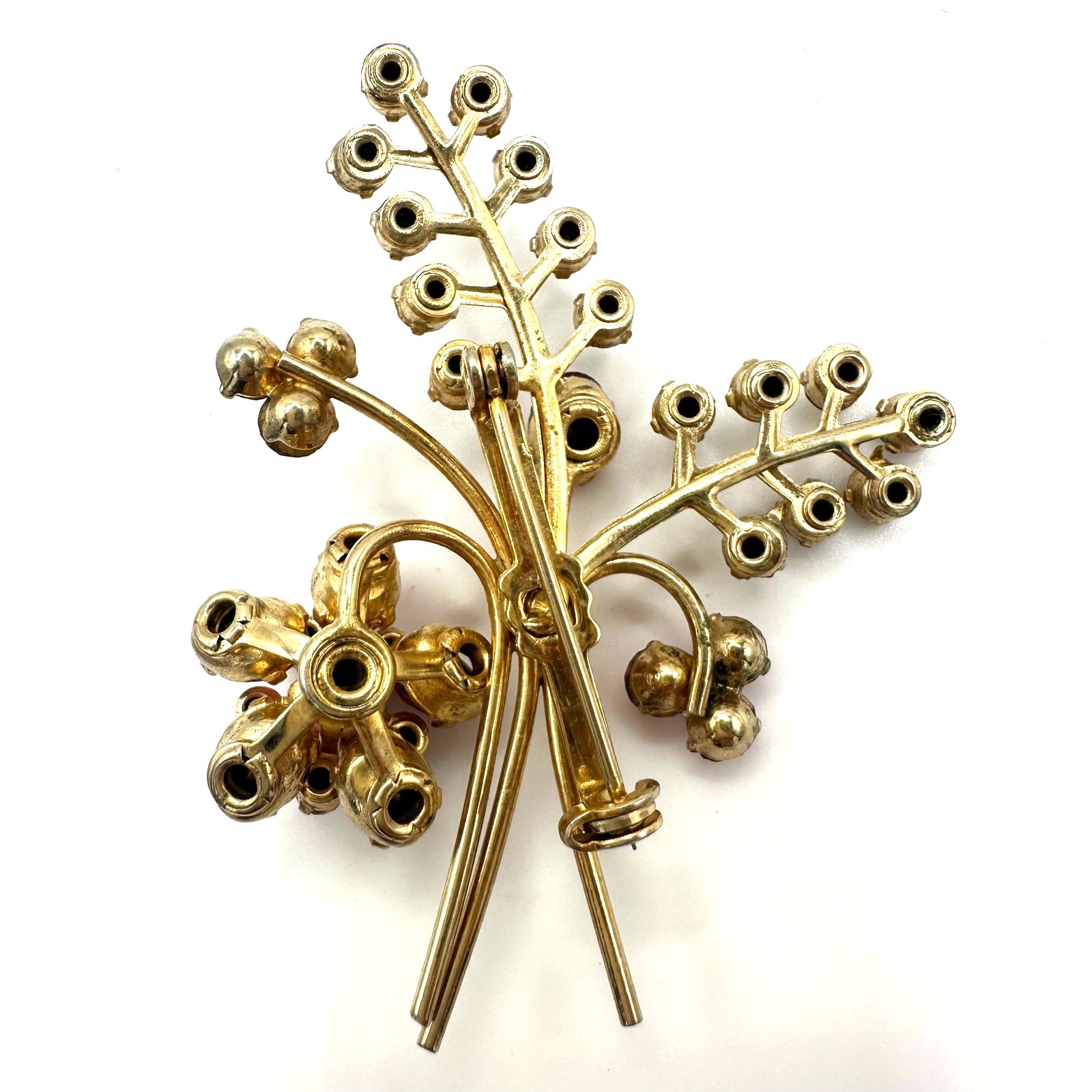 Vintage gold tone pink clear rhinestones flowers floral bouquet brooch pin