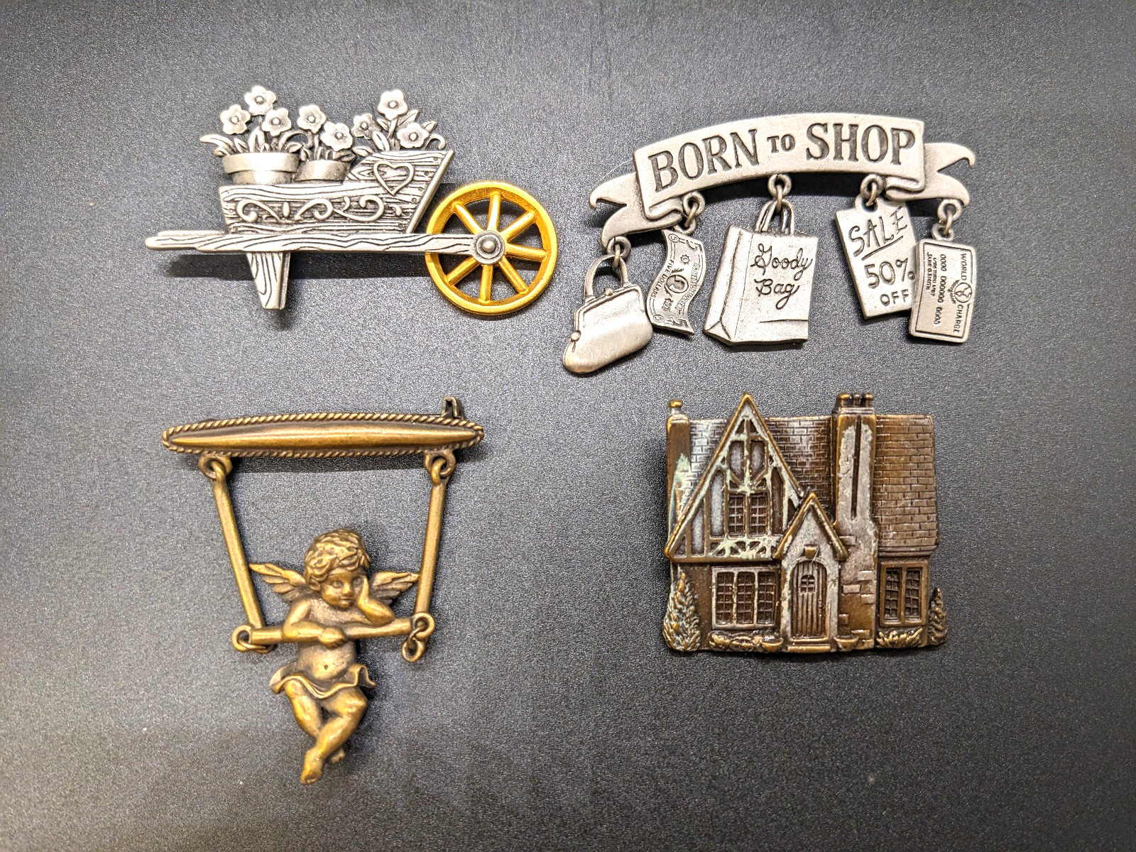 Lot of 4 Vintage Pewter Brooches Pin JJ Jonette Wheelbarrow Angel Born to Shop