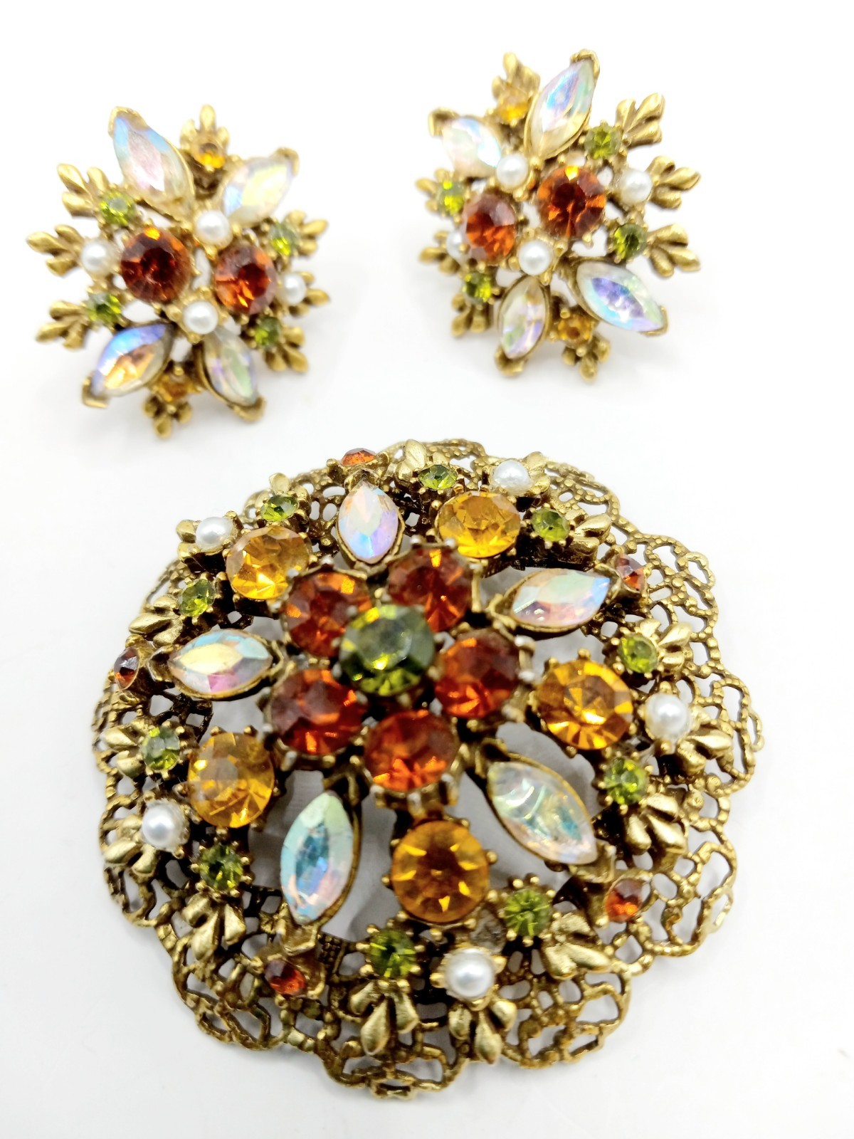 Vintage Rhinestone Brooch & Clip Earrings Autumn Fall Colors AB Accents Goldtone