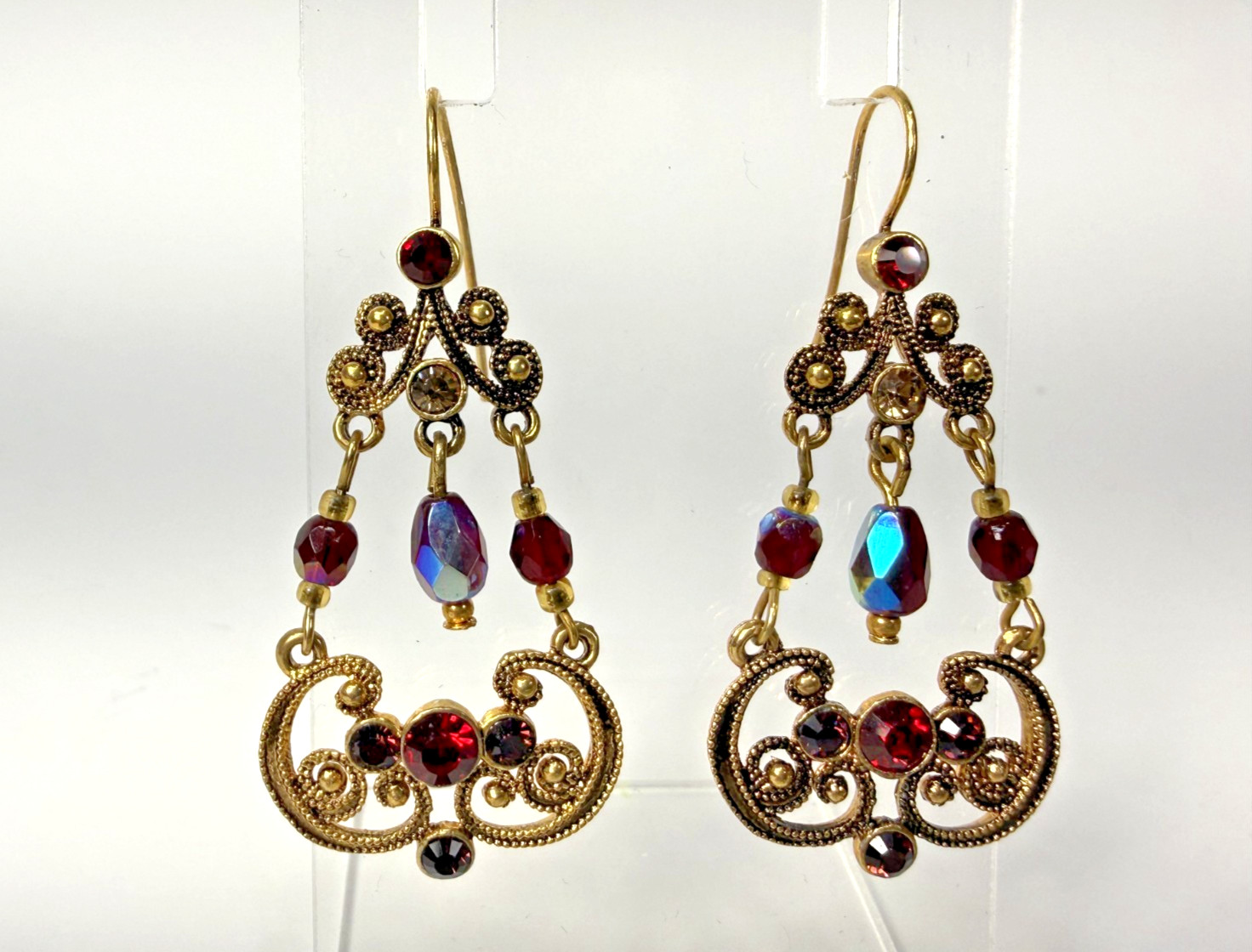 Vintage AB Red Crystal Rhinestone Gold Tone Filigree Dangle Earrings