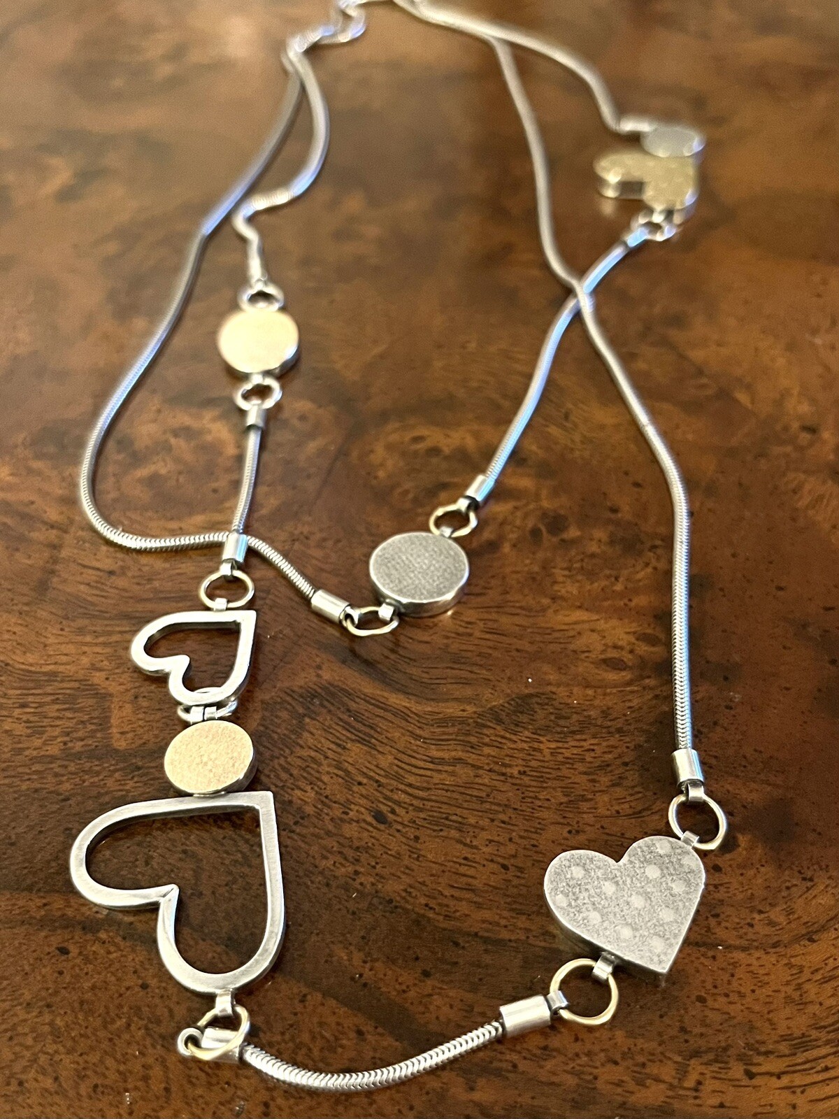 Vtg Estate Mid Century Modernist Textured Sterling Gold Hearts Station Necklace