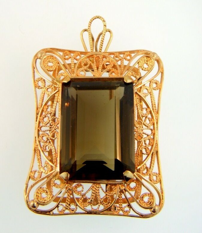 VINTAGE STUNNING RARE 14K ROSE GOLD SMOKY QUARTZ 16.8 GRAM PIN BROOCH PENDANT