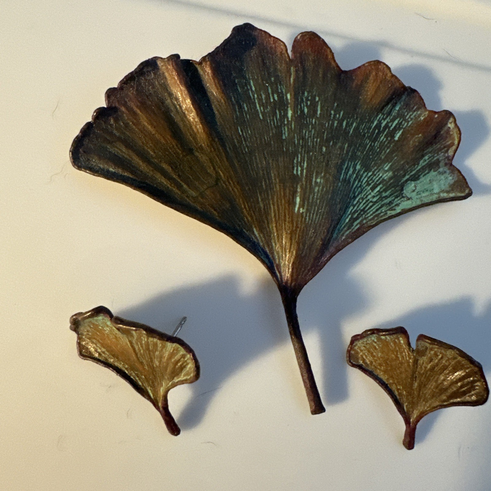 Vintage Nature’s Creations Jewelry Ginkgo Leaf Pin /pendant And 2 Pair Earrings