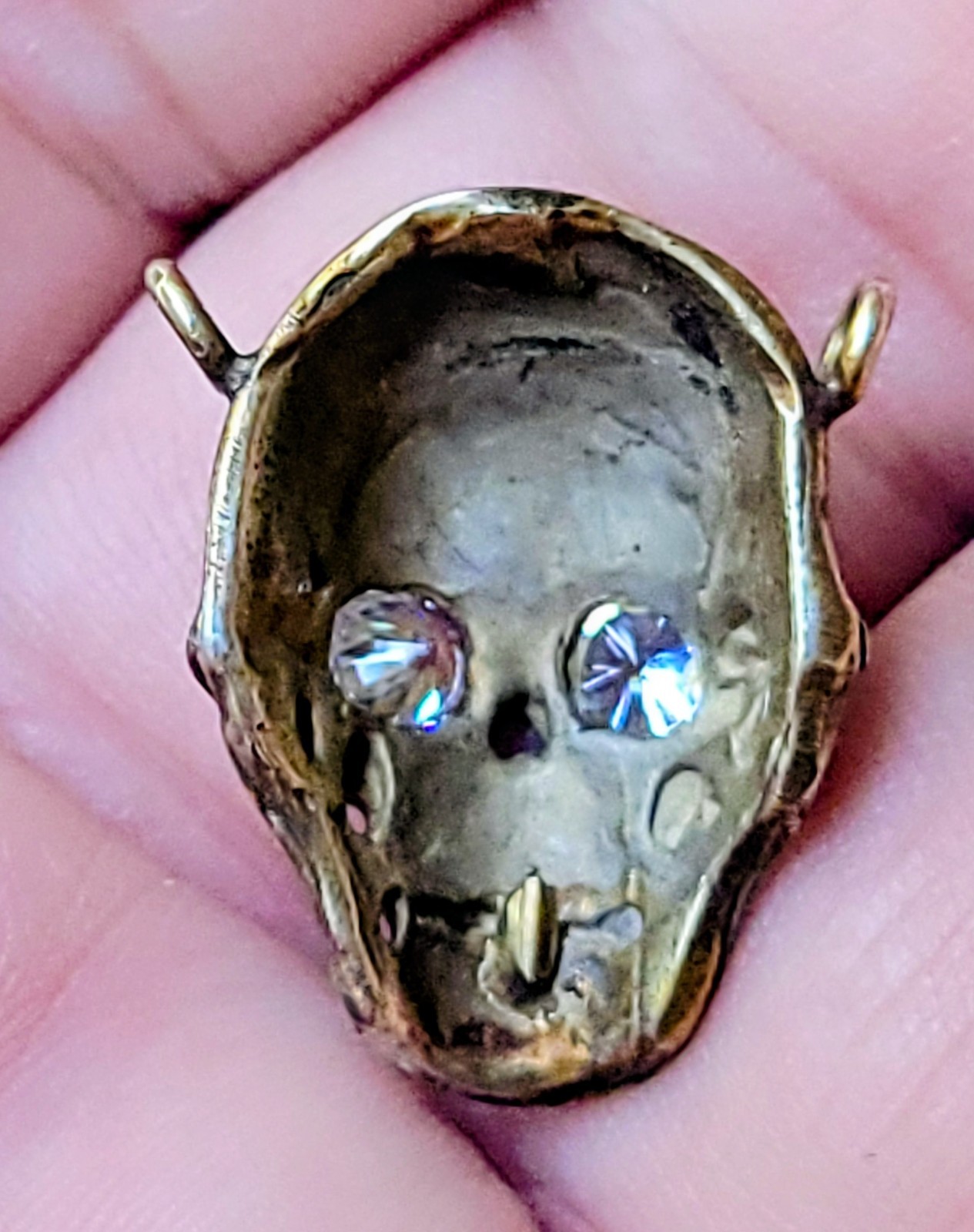Vintage SKULL Pendant w Gem Eyes Gold On Sterling Silver Jeweled FANTASTIC