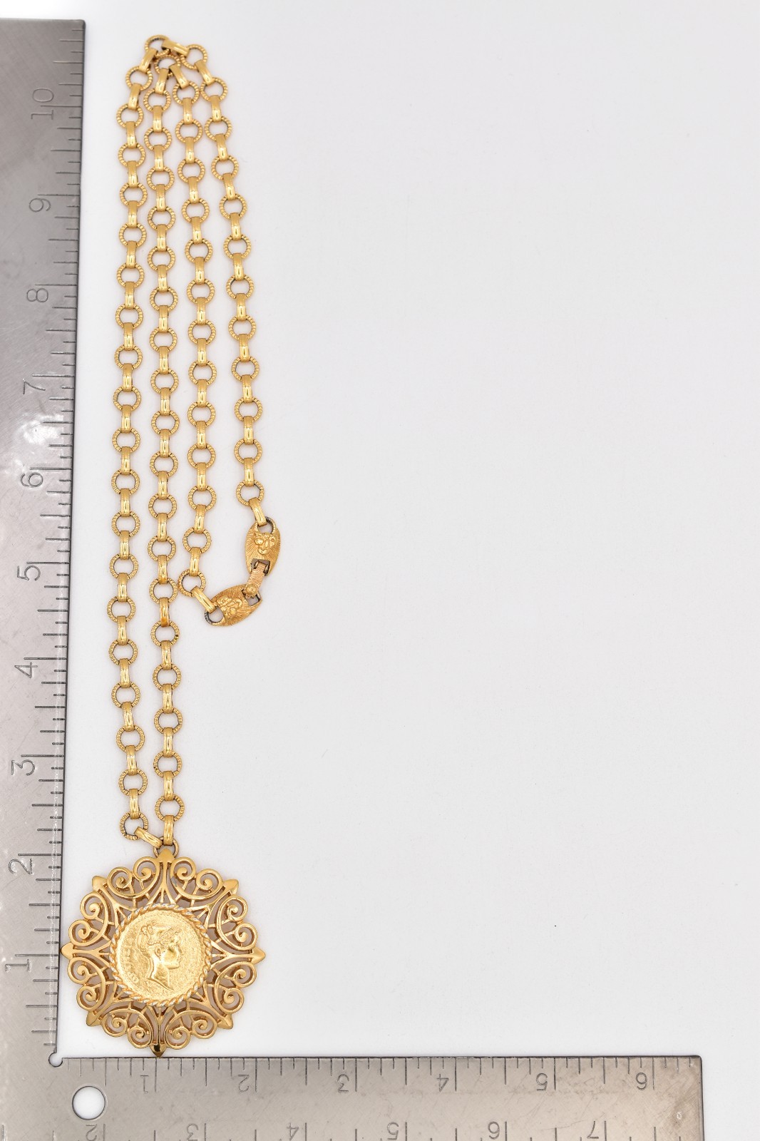 Monet Vintage Coin Pendant Necklace Gold Filigree Medallion Signed 1970s BinBN