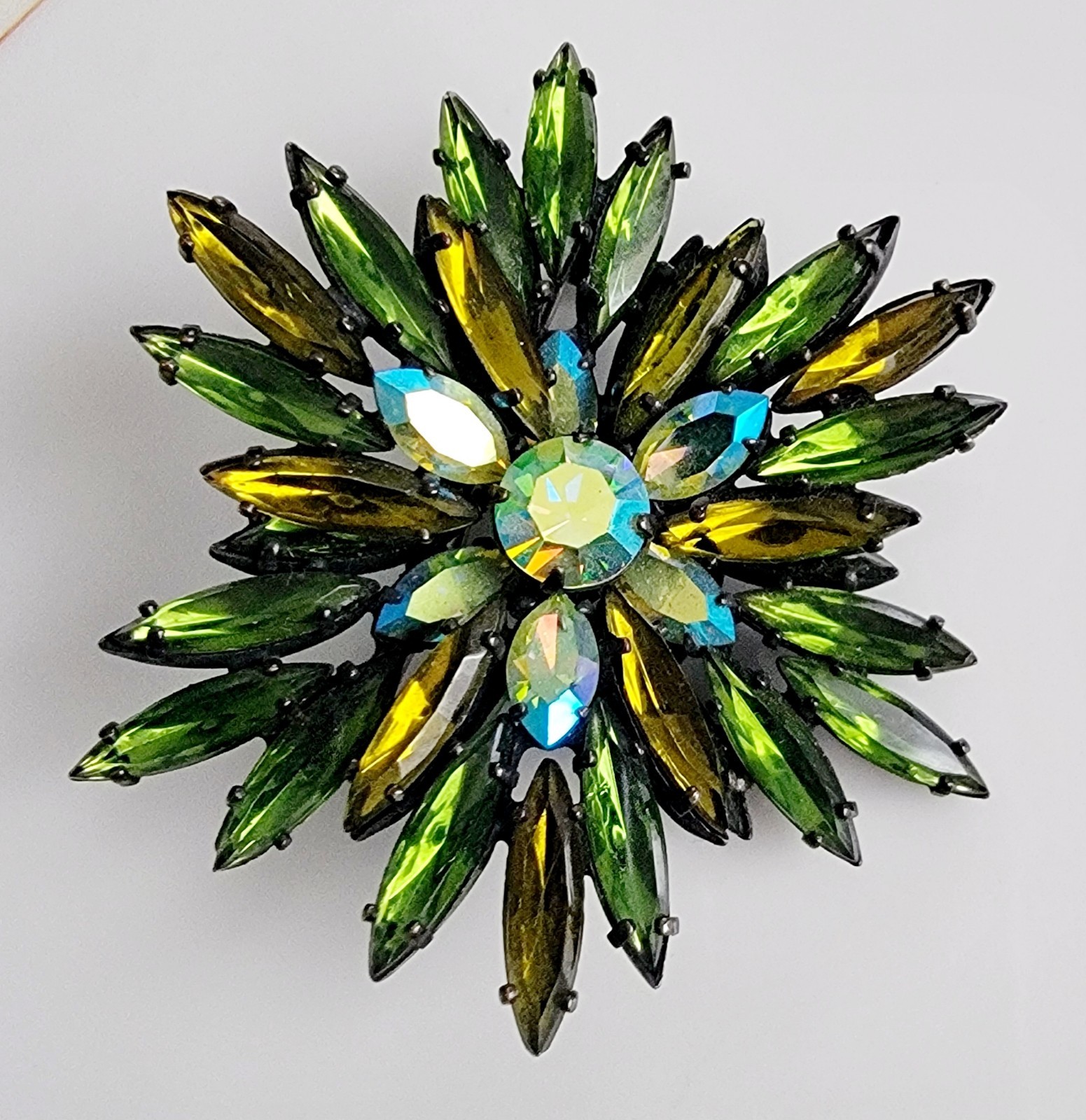 Vintage Regency Brooch Shades of Green Japaned AB Rhinestones Signed 1930s-1950s