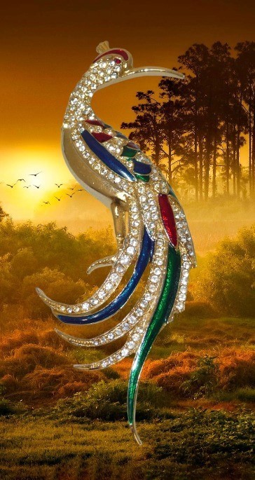 Rhinestone & Enamel Peacock Bird Brooch Red Green Purple Gold Multicolor