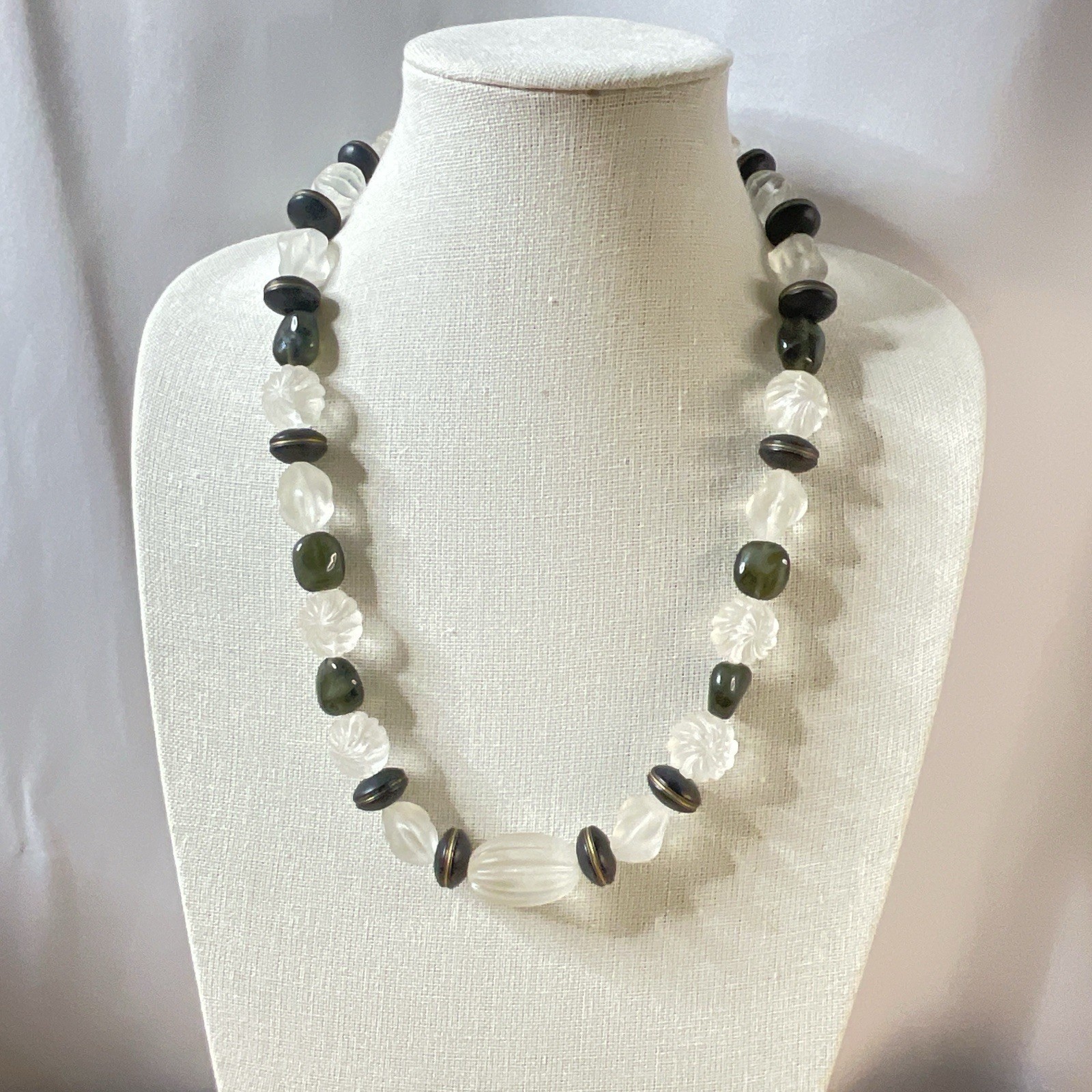 Vintage Frosted Lucite Bead Necklace Black Wood & Glass Chunky Retro 1980s 25″