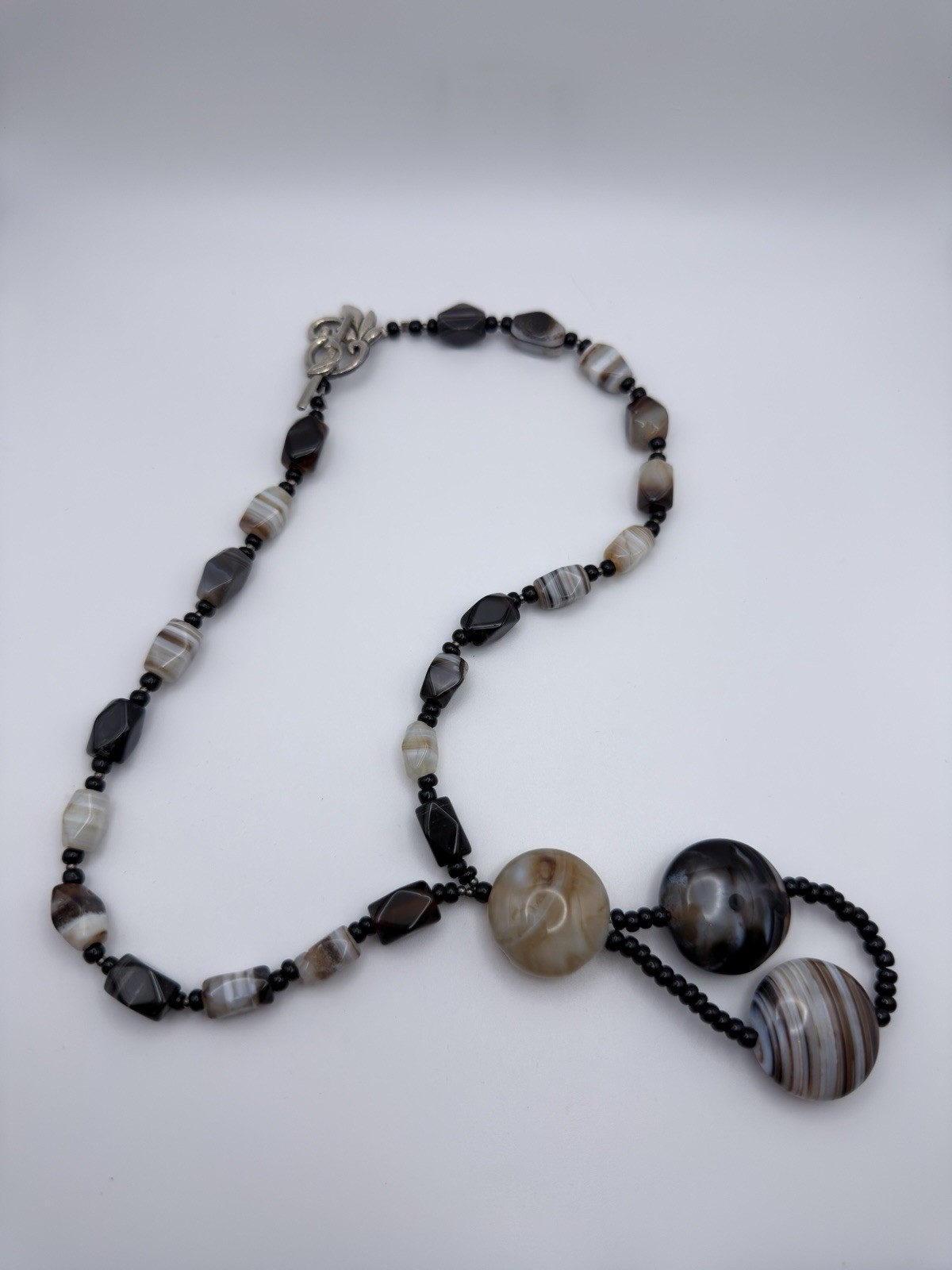 Vintage Agate Beaded 925 Sterling Silver Necklace Toggle Closure