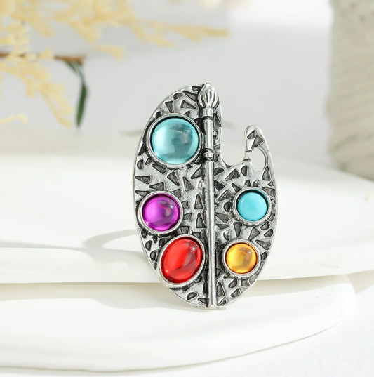 Vintage Silver Geometric Ring Women Oval Colored Stone Adjustable Jewelry