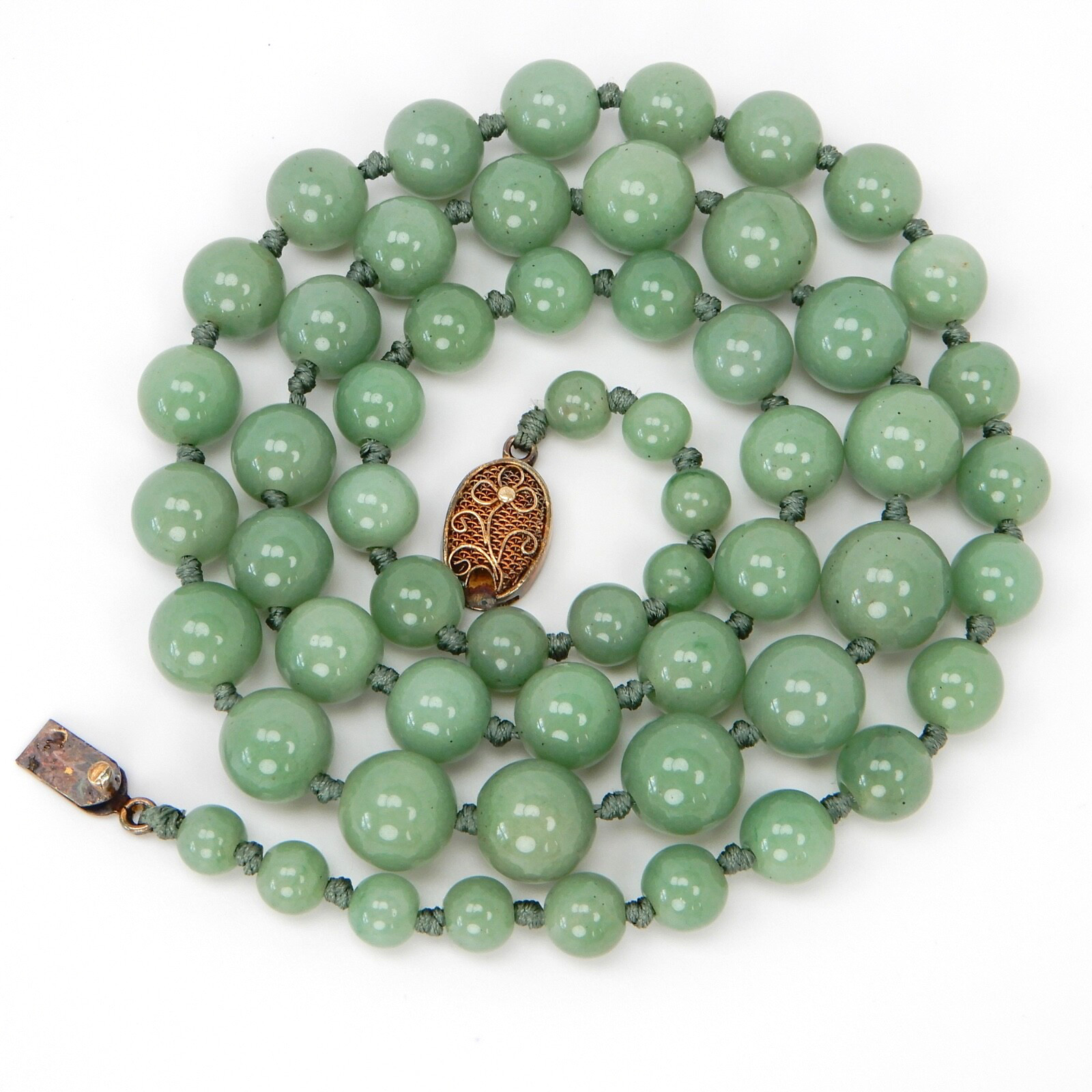 Vintage Green Jade Knotted Graduated Bead Necklace 23” 925 Silver Filigree Clasp