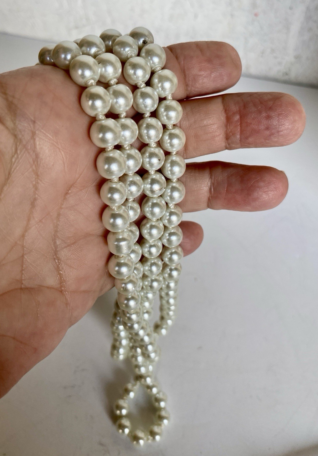 Vintage Rope Length Hand Knotted Faux Glass Pearl Necklace, 8mm Pearls, 56″