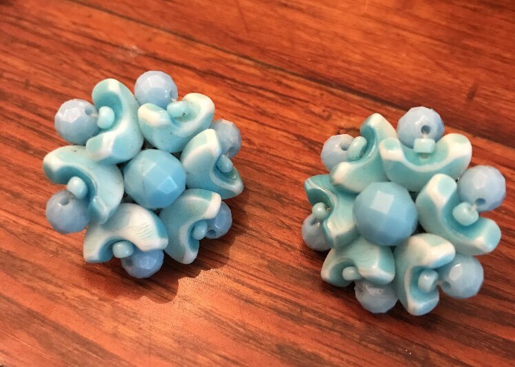 Vintage Signed WEST GERMANY Art Glass Blue Beaded Necklace And Clip On Earrings