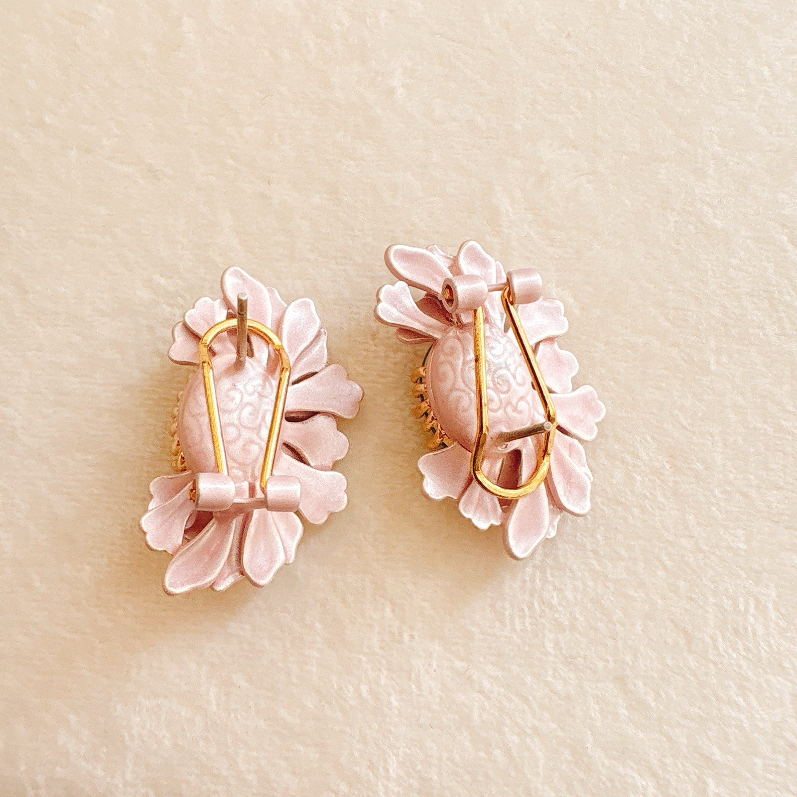Pink Enamel Floral Earrings with Green Jade-Style Center-Vintage Style