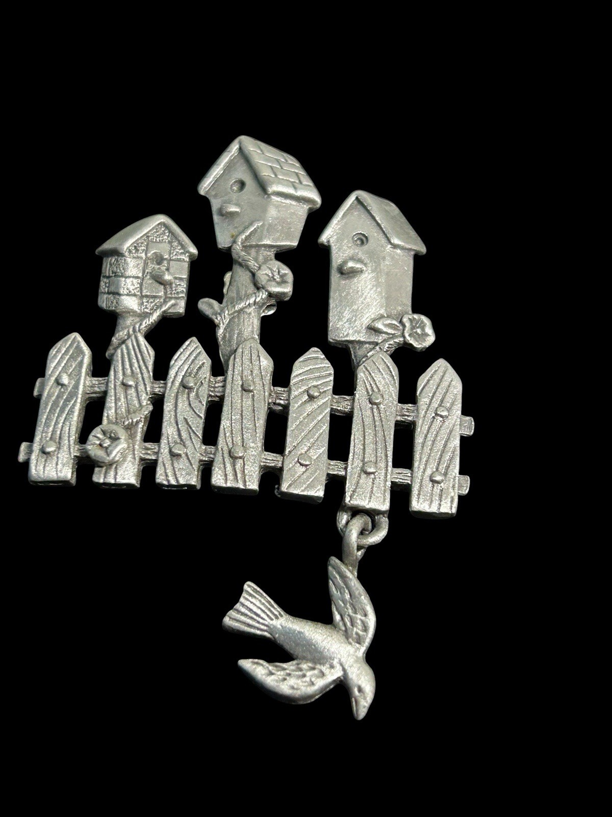 Vintage Spoontiques Birdhouse Brooch Pin Bird Charm Garden Fence Numbered 4189