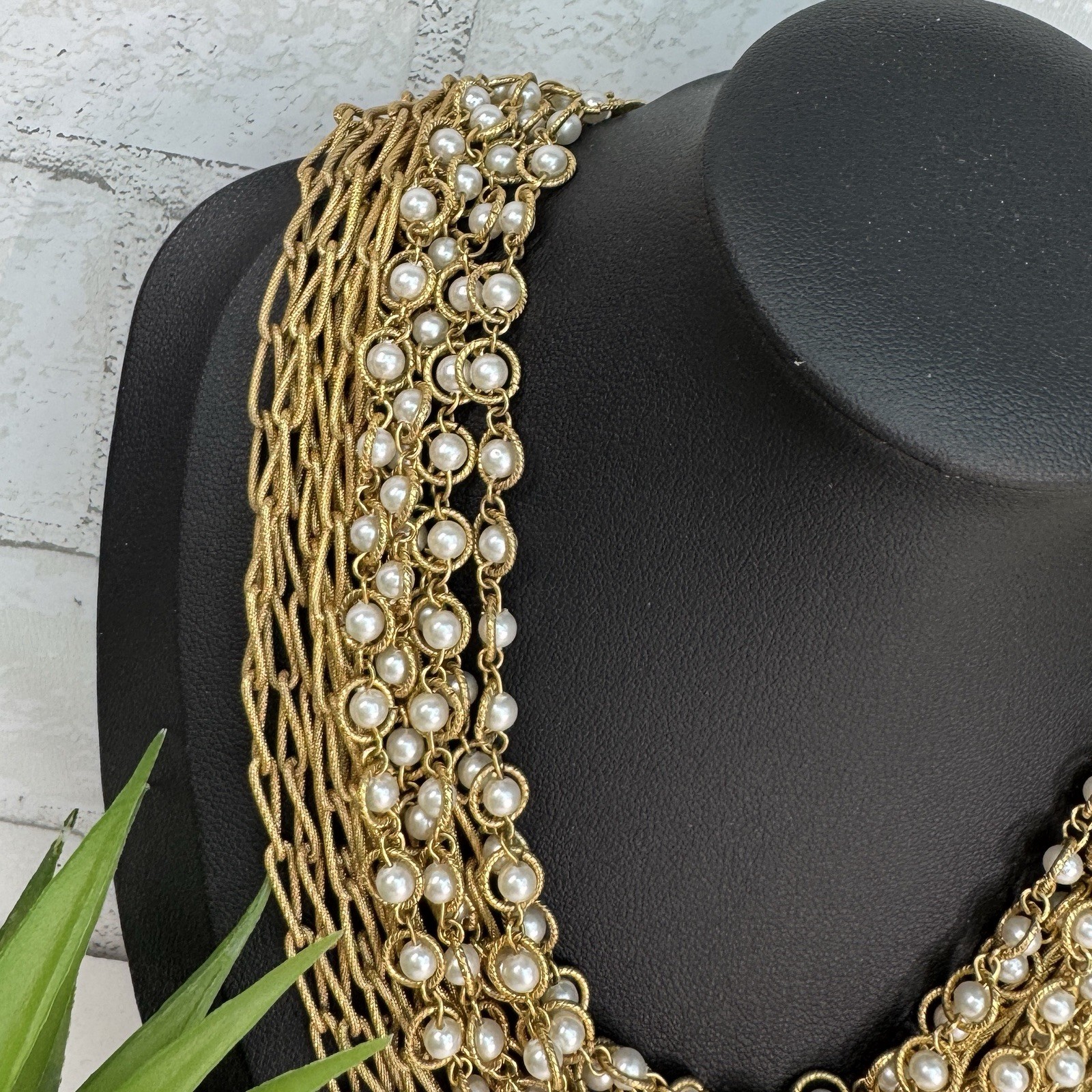 Vintage 60’s White Faux Pearl and Paper Clip Chain Gold Tone Layered Necklace