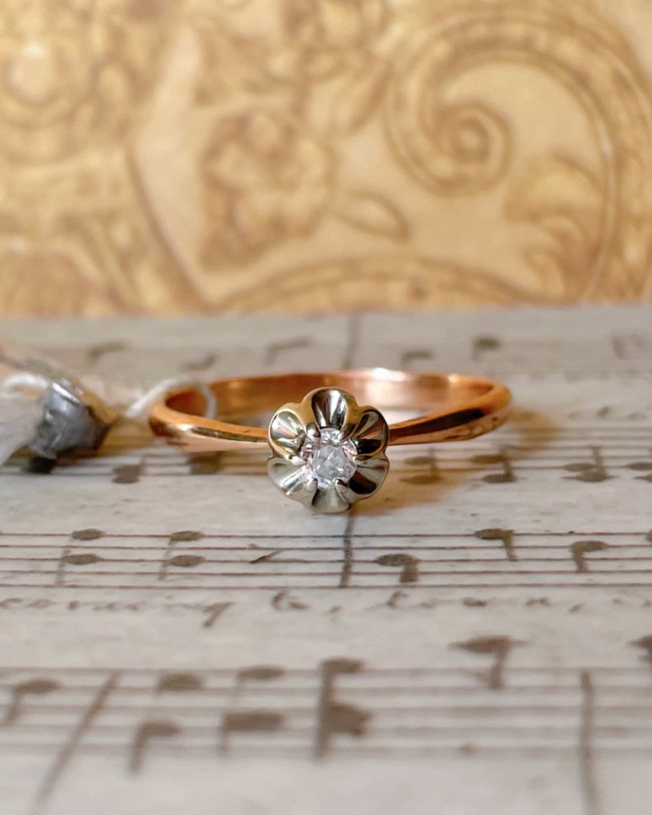 Vintage Soviet Kiev Jewelry Company 14k Two-Tone Gold and Cubic Zirconia Ring