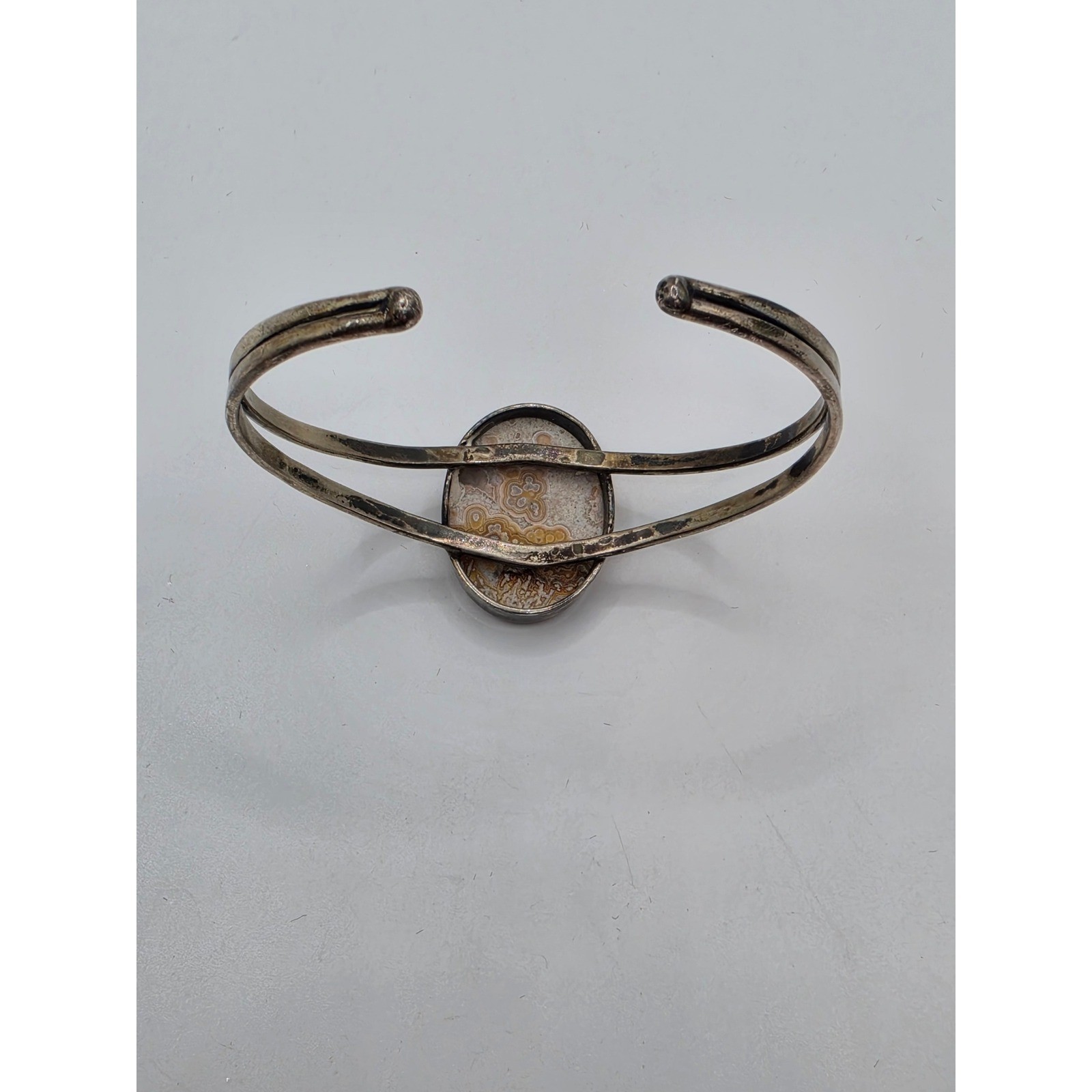 Vintage Crazy Lace Agate Split Shank Cuff Bracelet Silver Tone Earthy Boho Stone