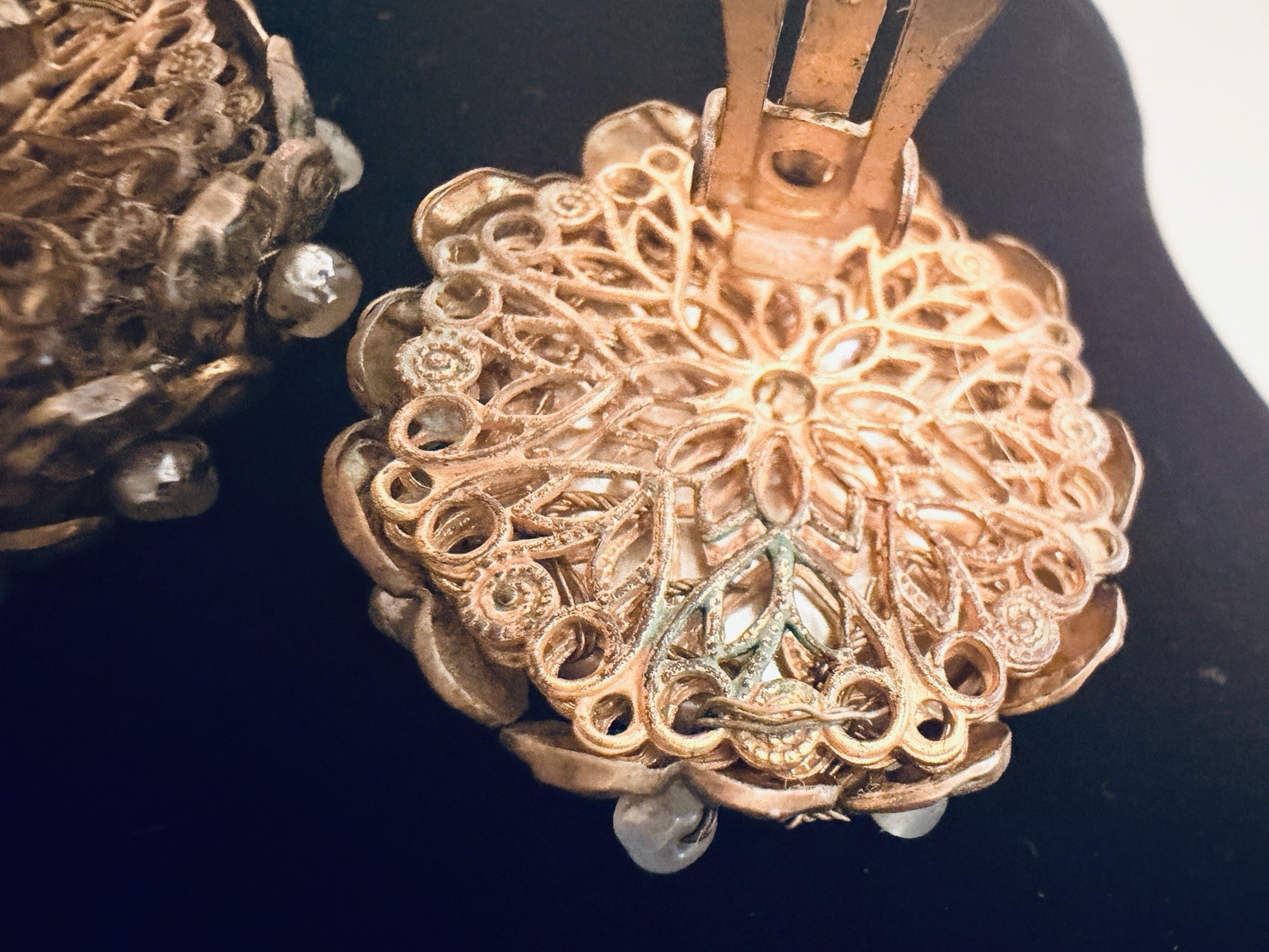 Vintage Miriam Haskell Brass Filigree Faux Pearl Clip On Earrings Mid Century