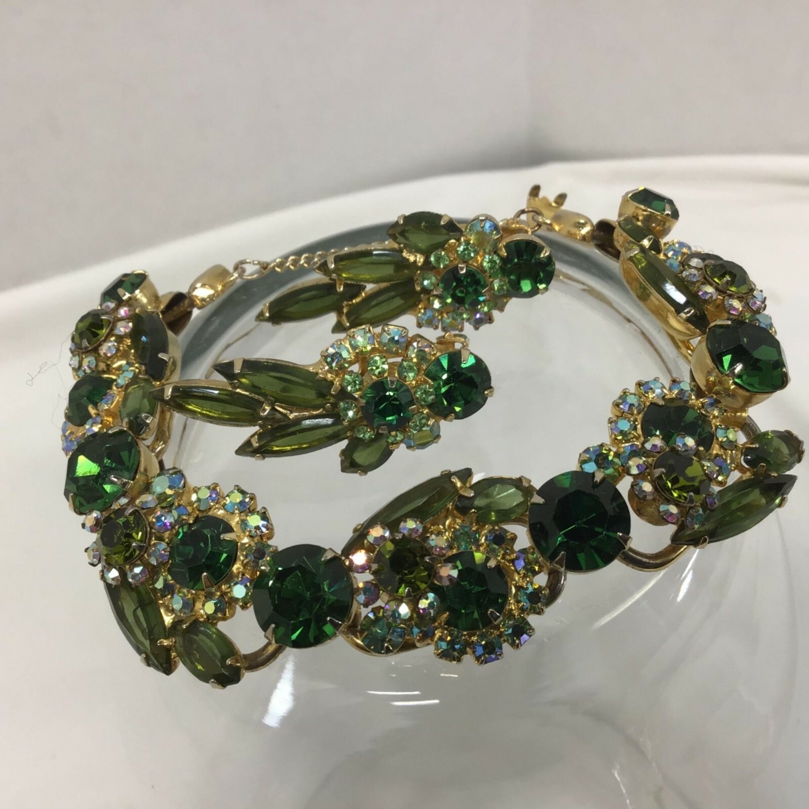 Juliana D&E Vtg 1950s Emerald Green Rhinestone Bracelet & Earrings Set