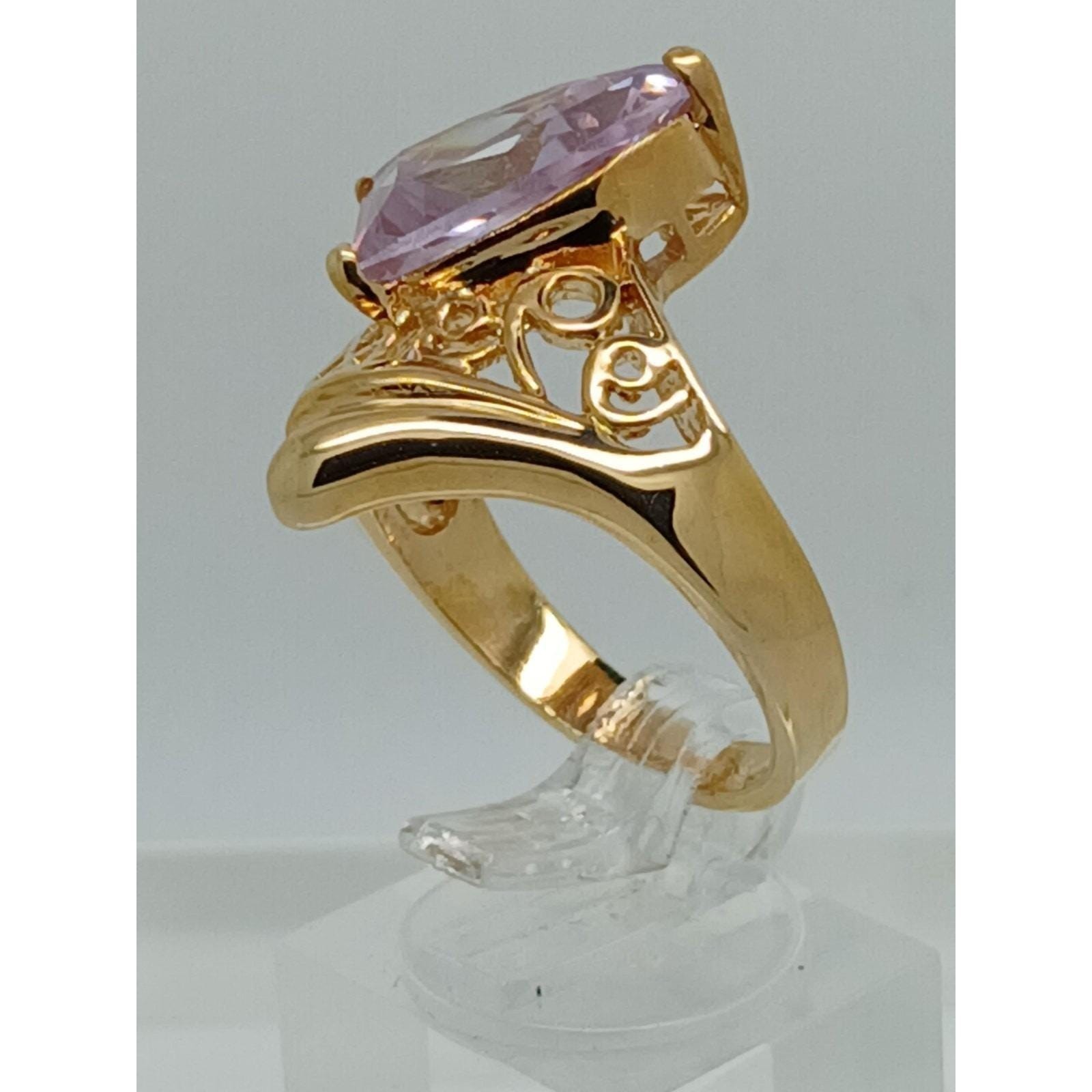 Vintage 1990s Bold Gold Tone Purple Lilac Statement Ring New-Old-Stock Size 8