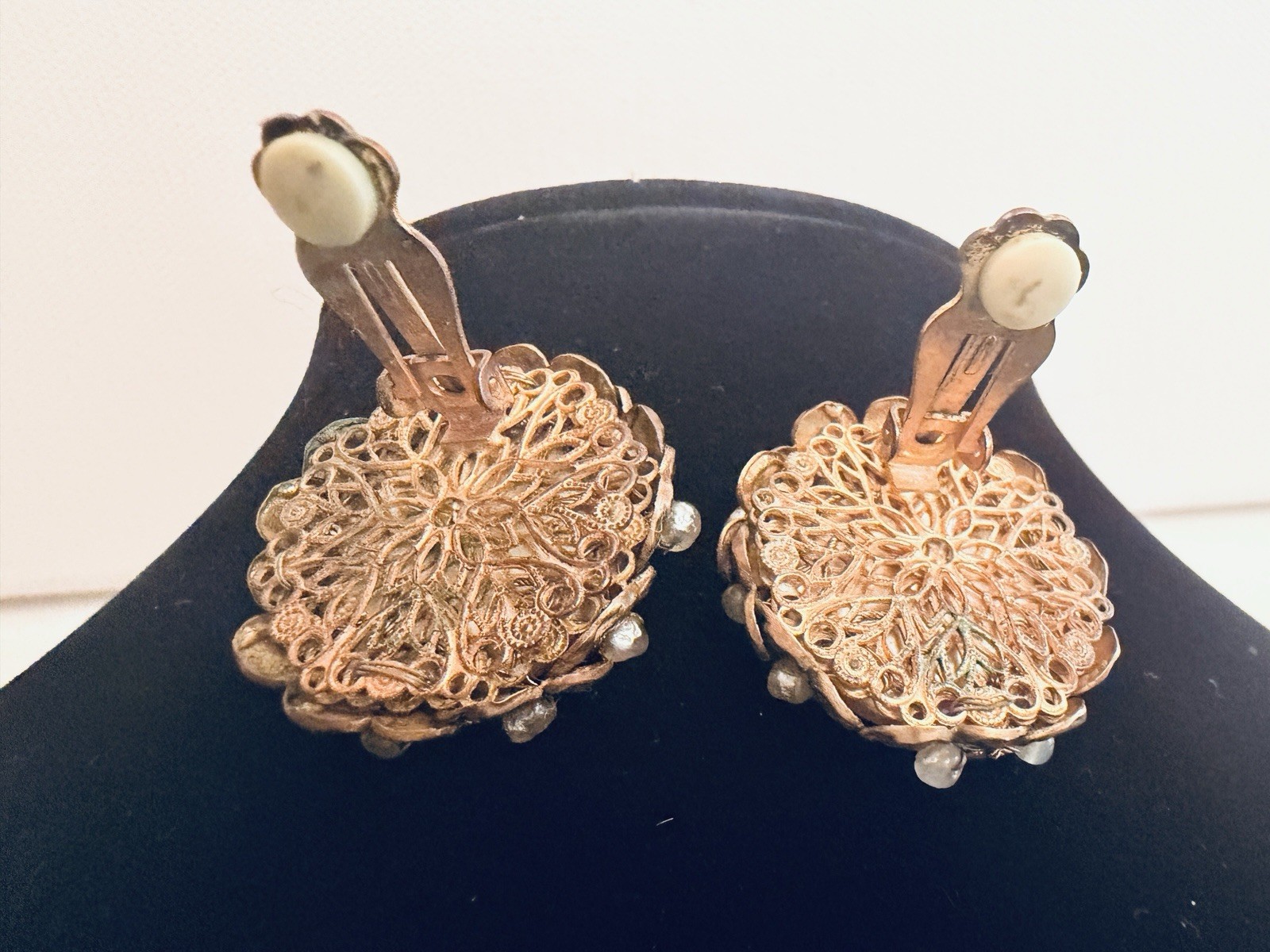 Vintage Miriam Haskell Brass Filigree Faux Pearl Clip On Earrings Mid Century