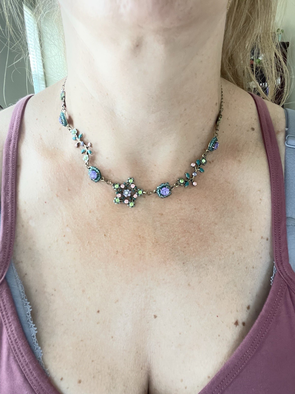 Vintage Bronze Tone Floral Multicolor Enamel Rhinestones Beads 16-19” Necklace