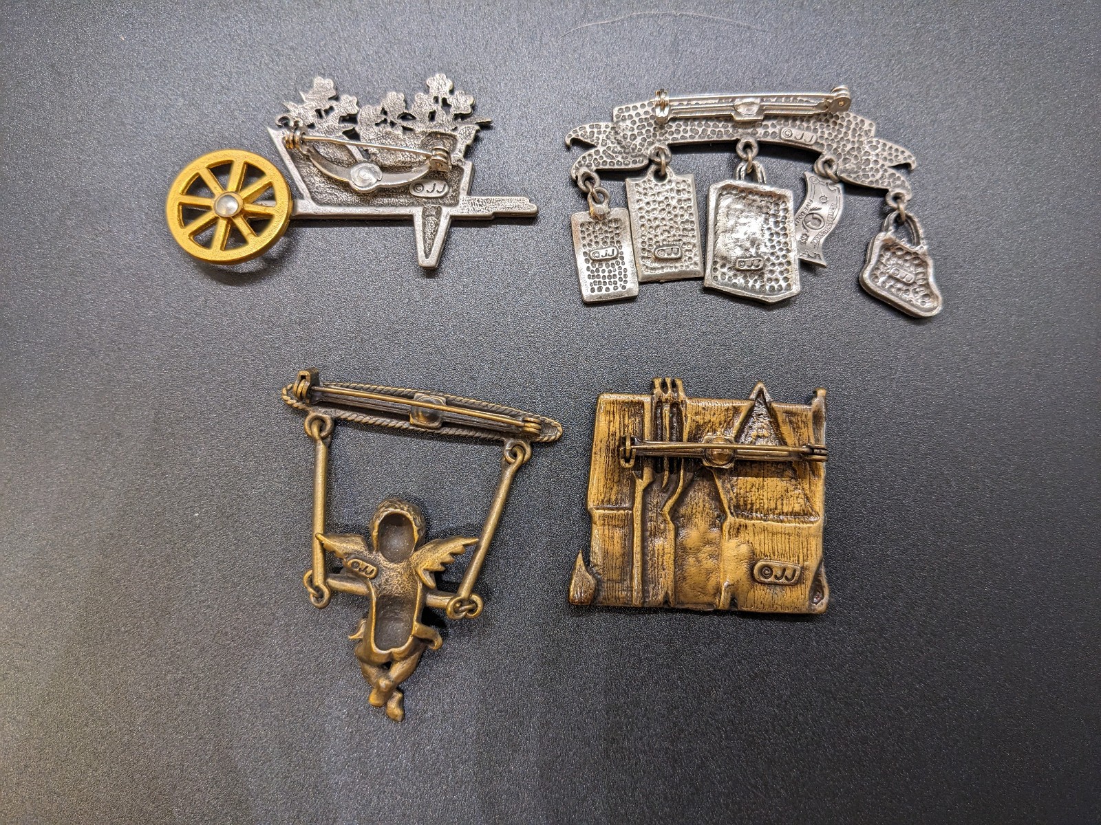 Lot of 4 Vintage Pewter Brooches Pin JJ Jonette Wheelbarrow Angel Born to Shop