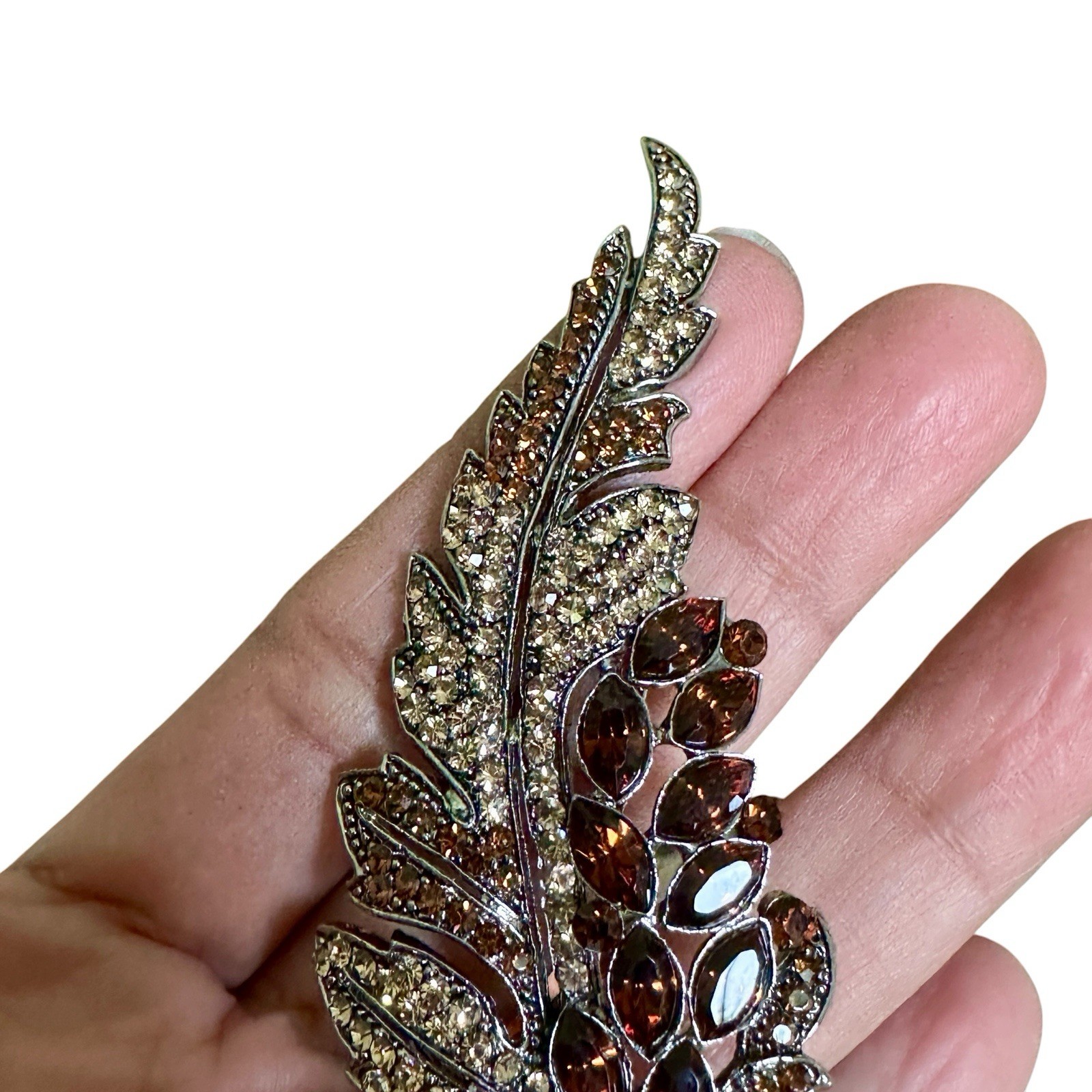VTG Statement Leaf Floral Brooch 3.5 Inch Amber Brown Rhinestone Crystal Rhodium