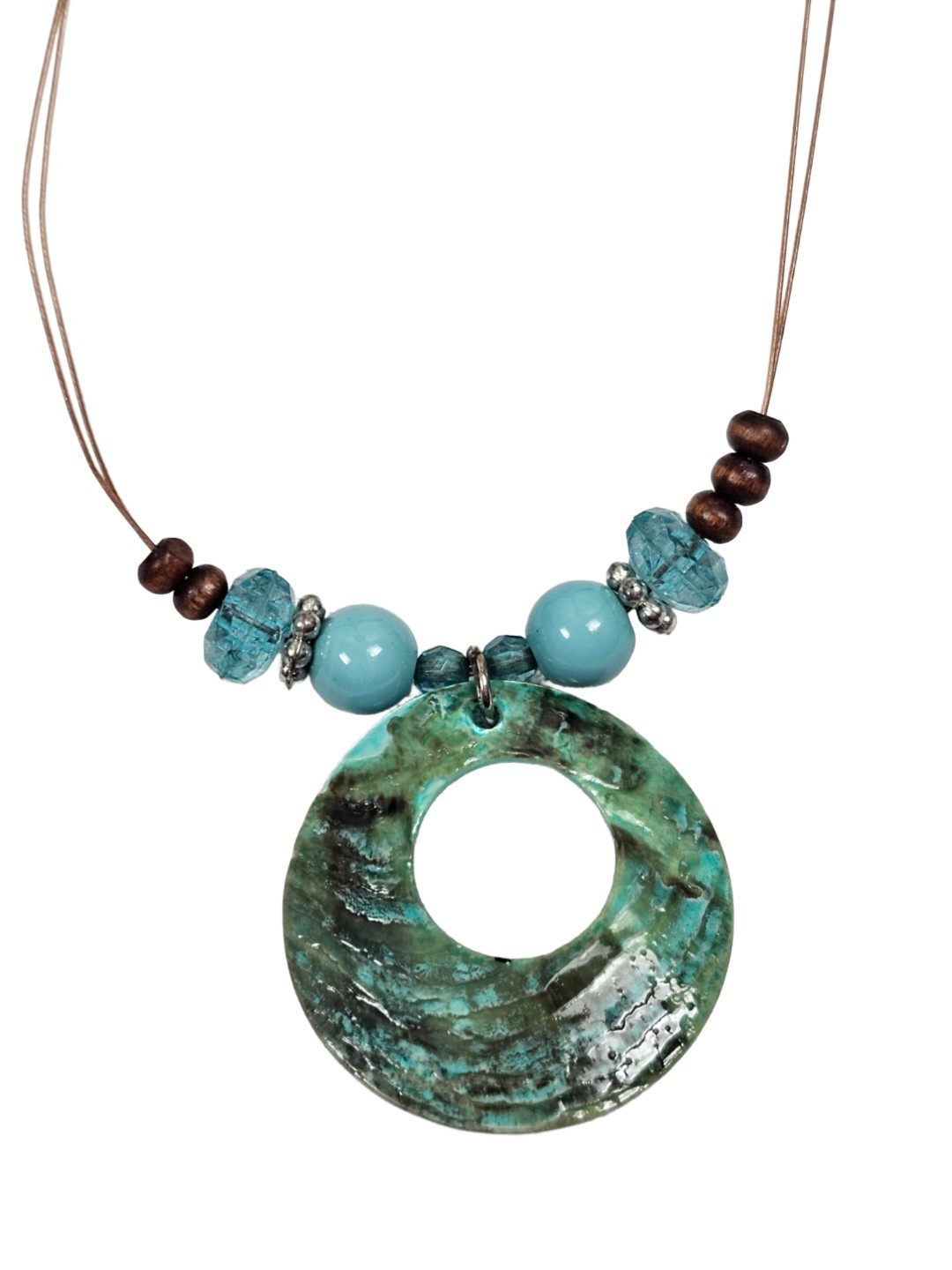 Vintage Abalone Paua Shell & Bead Donut Pendant Wire Necklace Bohemian | Beachy