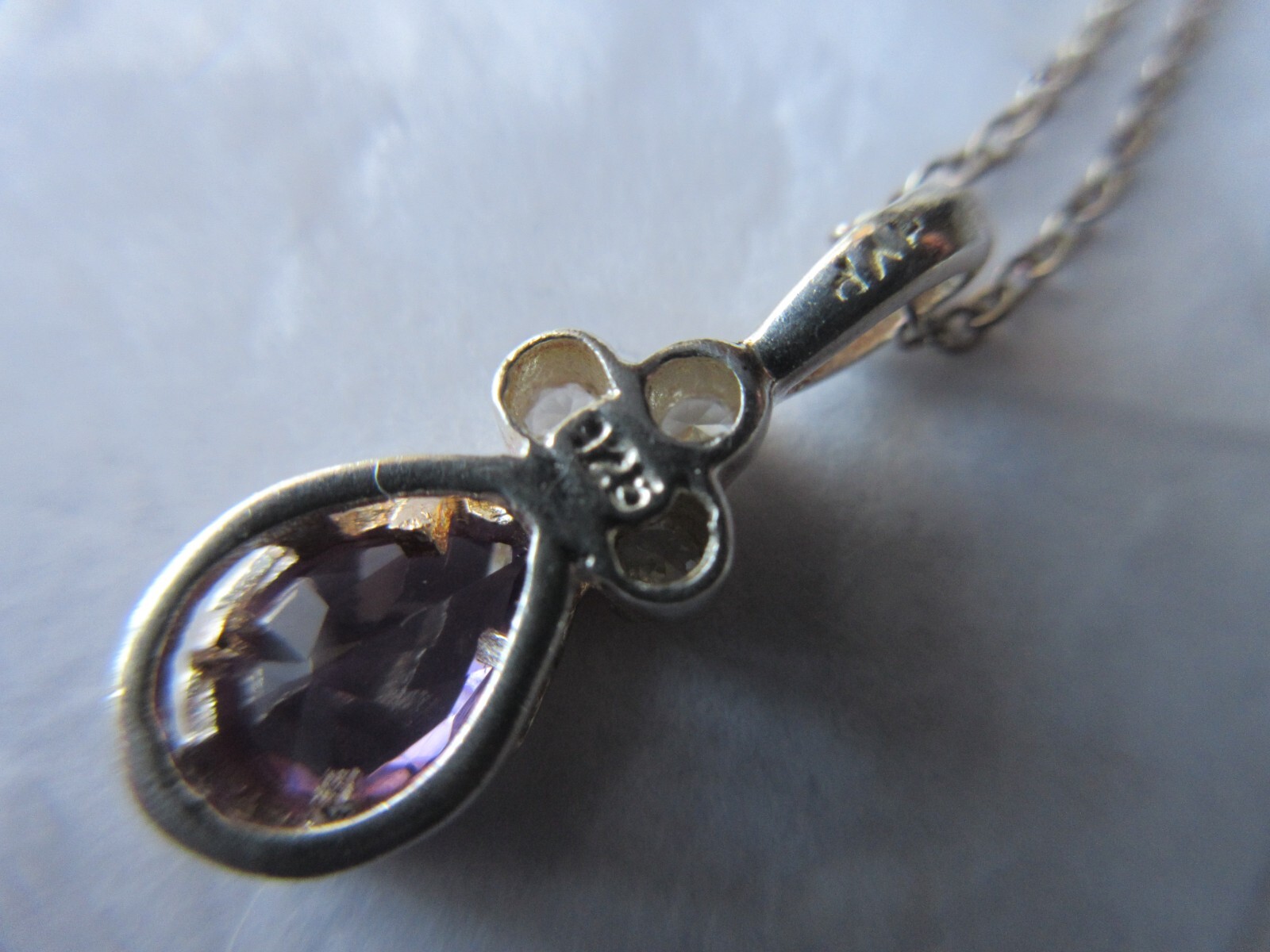 Vintage CW Italy Sterling Necklace & Pear shaped Amethyst Stone 3 CZ Accents