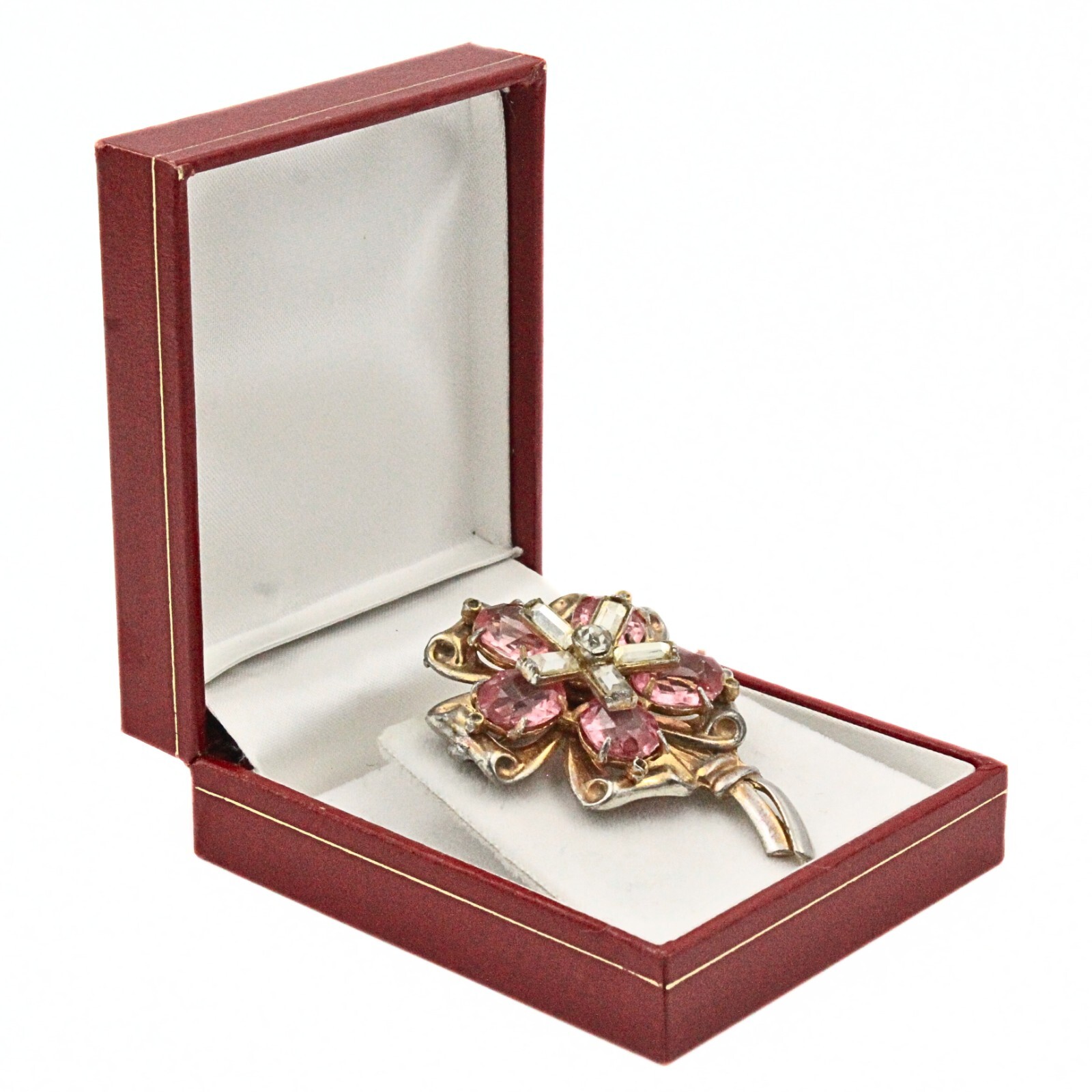Lovely 1940’s Retro Pink White Glass Rhinestones Flower Brooch